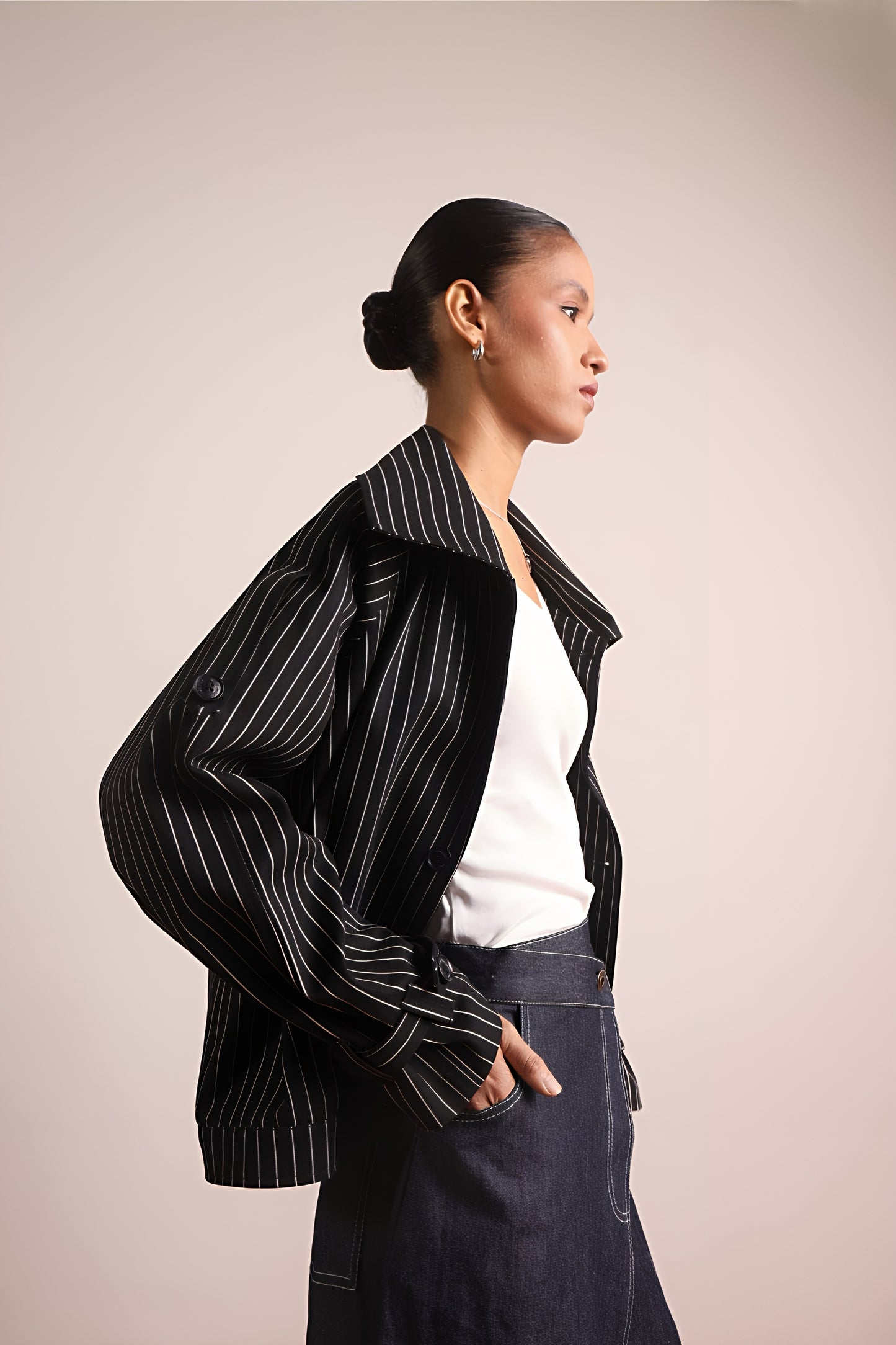 Pleated Wraparound Denim Skirt