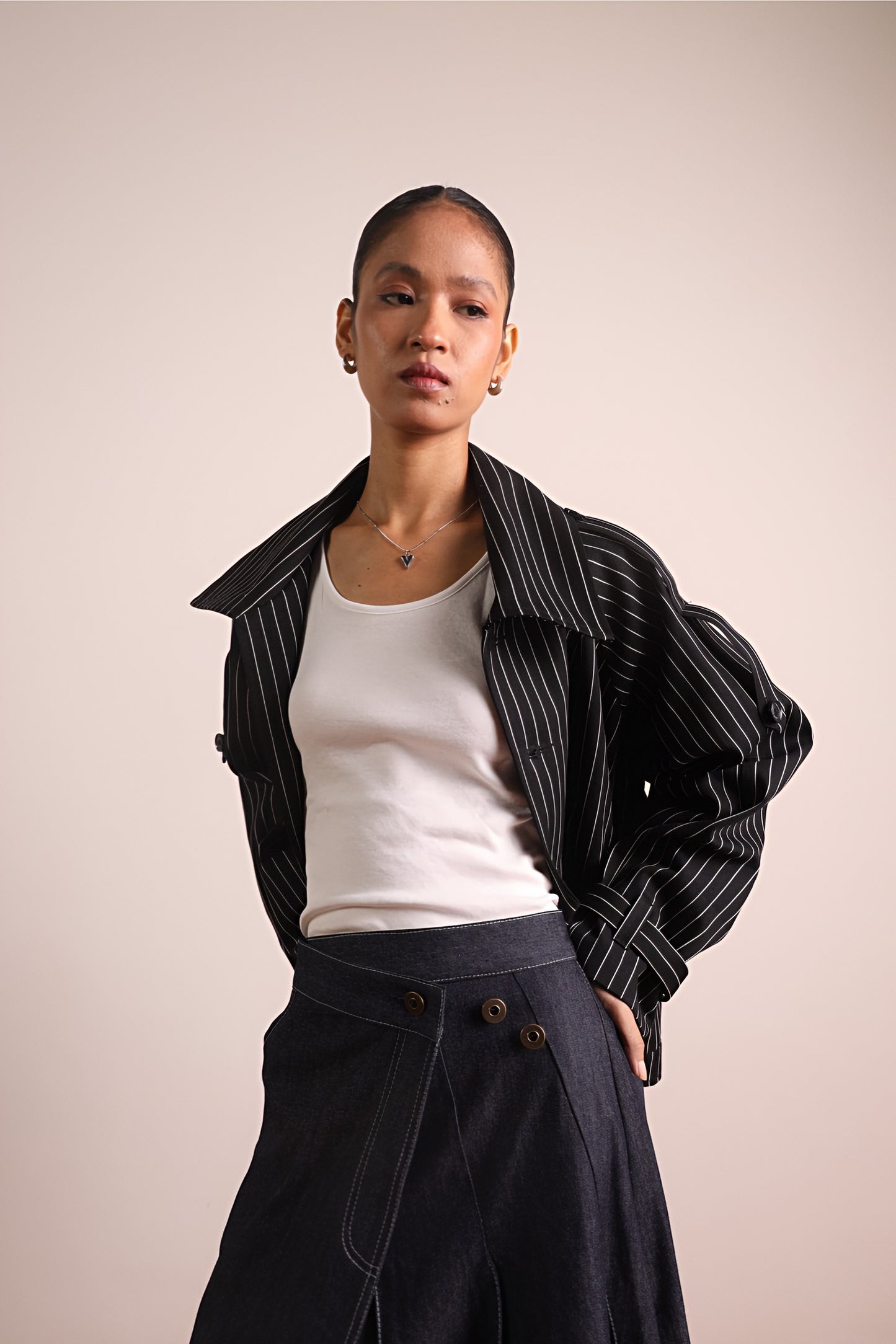 Pleated Wraparound Denim Skirt