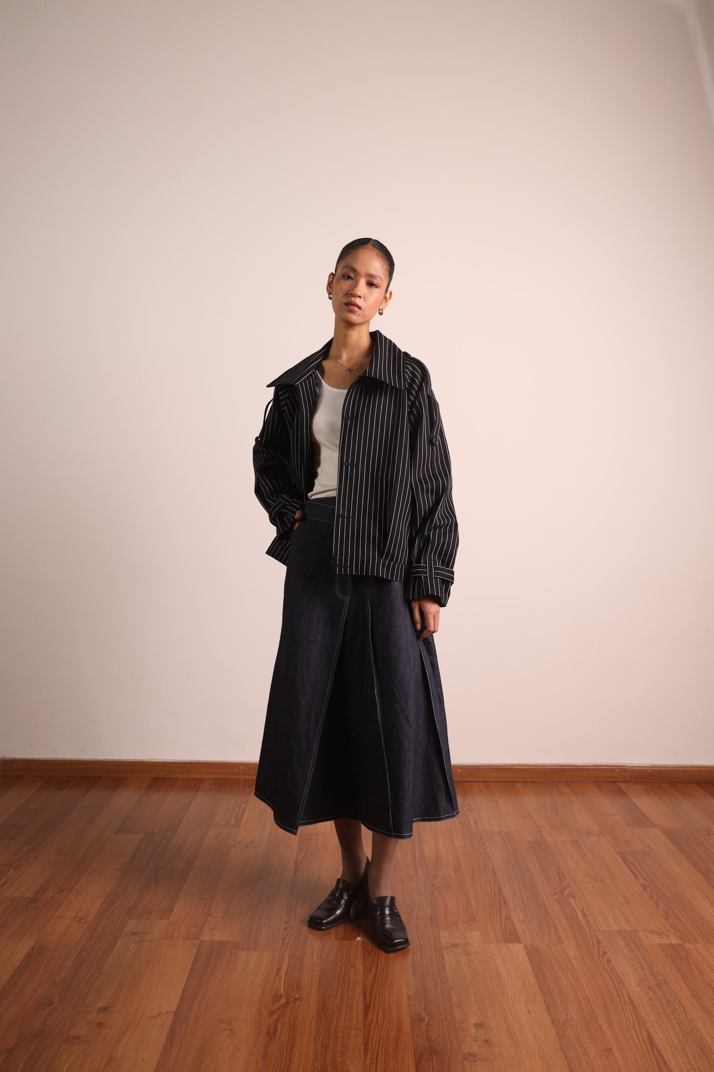 Pleated Wraparound Denim Skirt