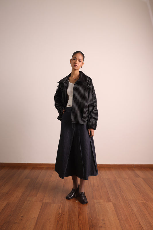 Pleated Wraparound Denim Skirt