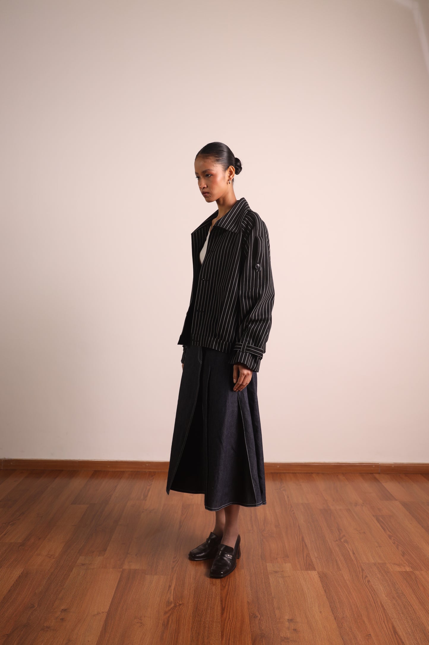 Pleated Wraparound Denim Skirt