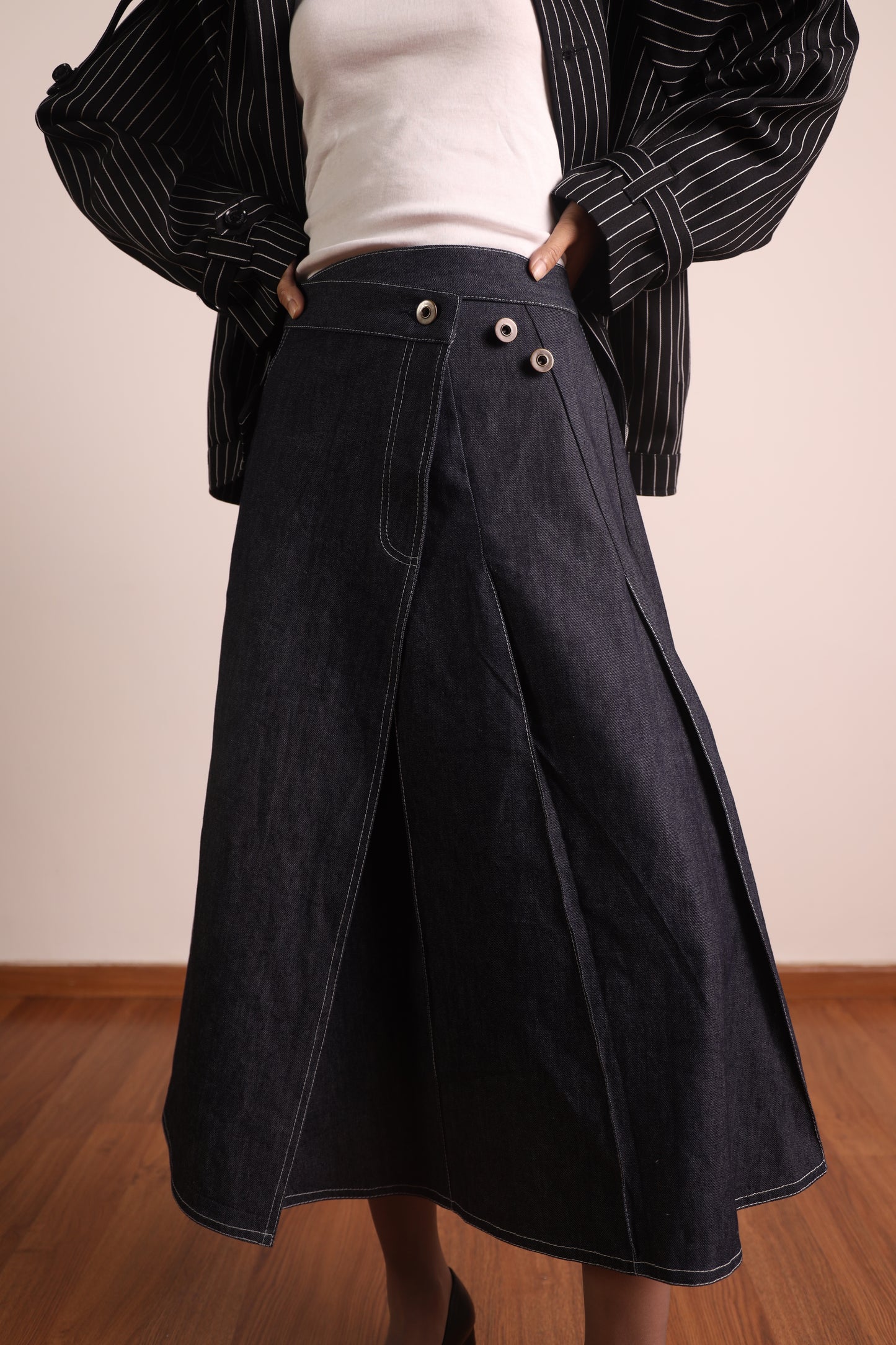 Pleated Wraparound Denim Skirt