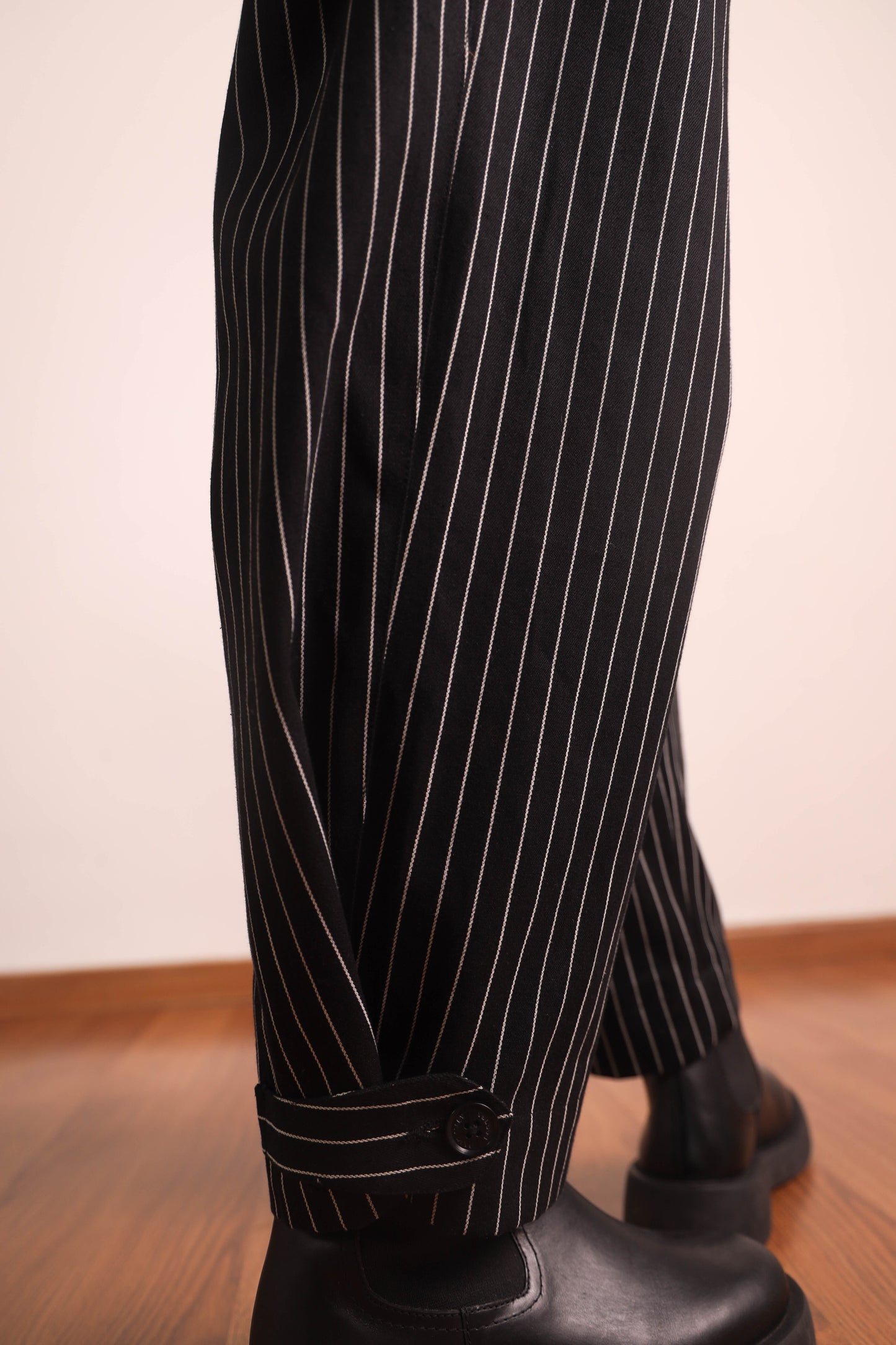 Box Pleated Pinstripe Denim Trousers