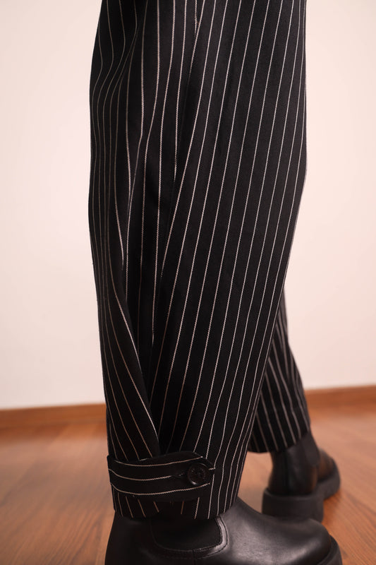 Box Pleated Pinstripe Denim Trousers