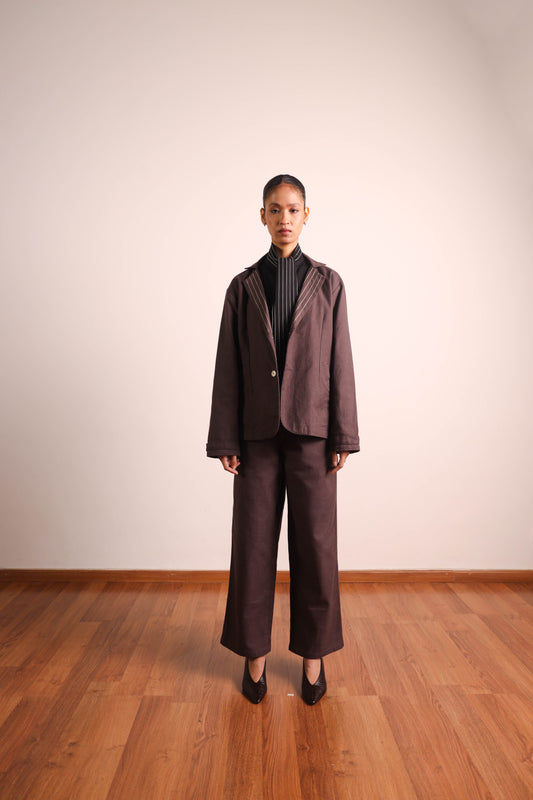 Linen Oversized Blazer with Pinstripe Lapels