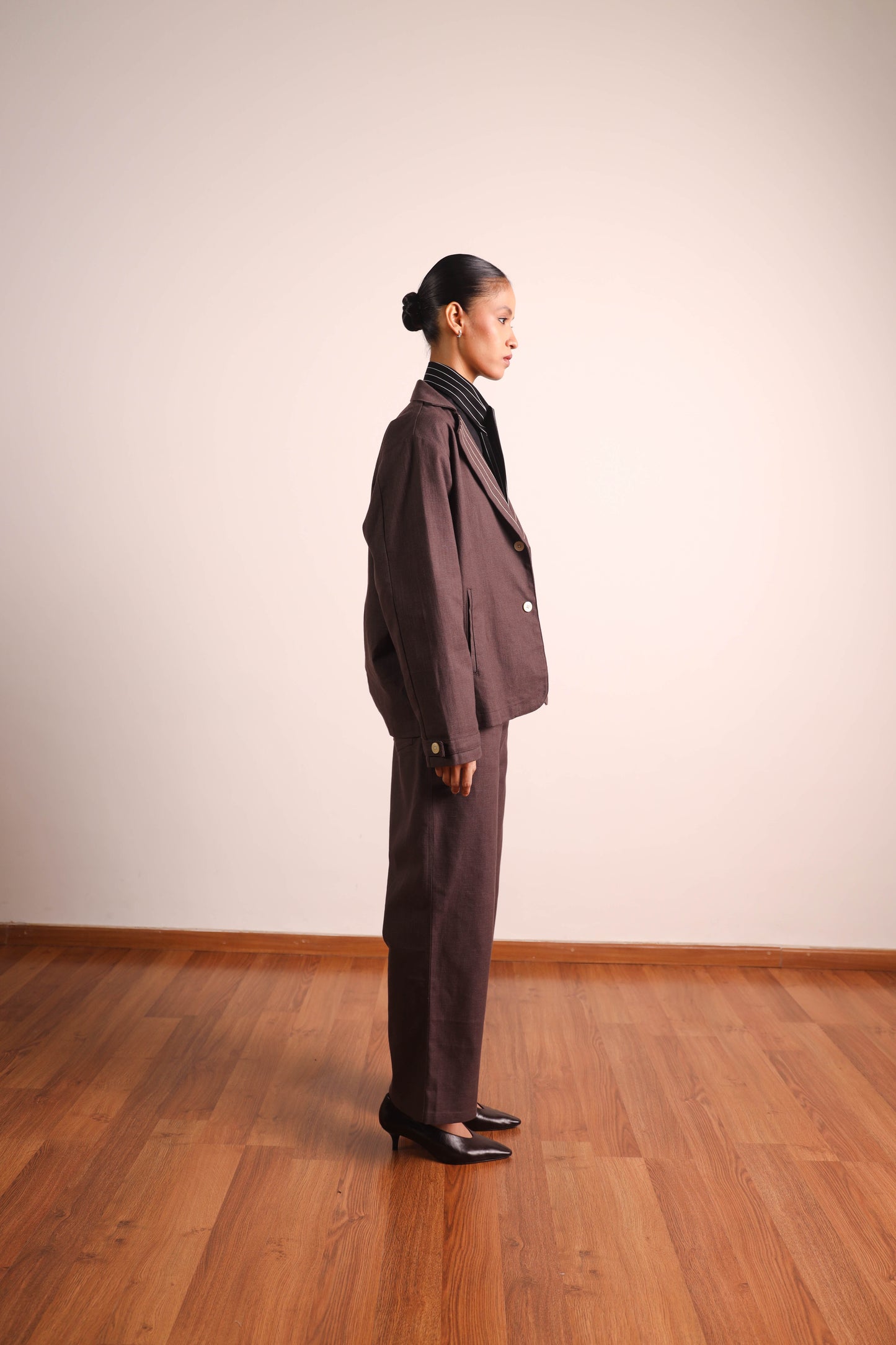 Linen Oversized Blazer with Pinstripe Lapels