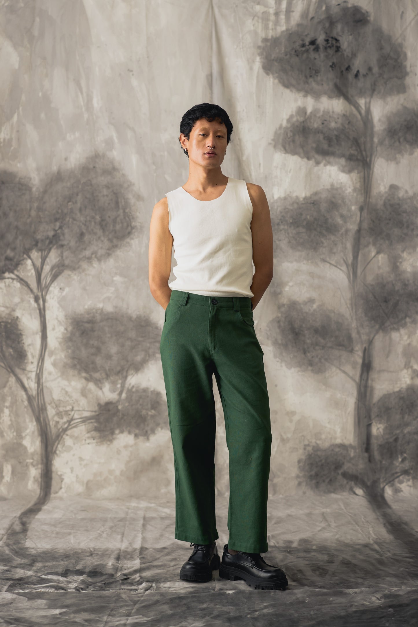 Green Linen Wide Trousers - Men