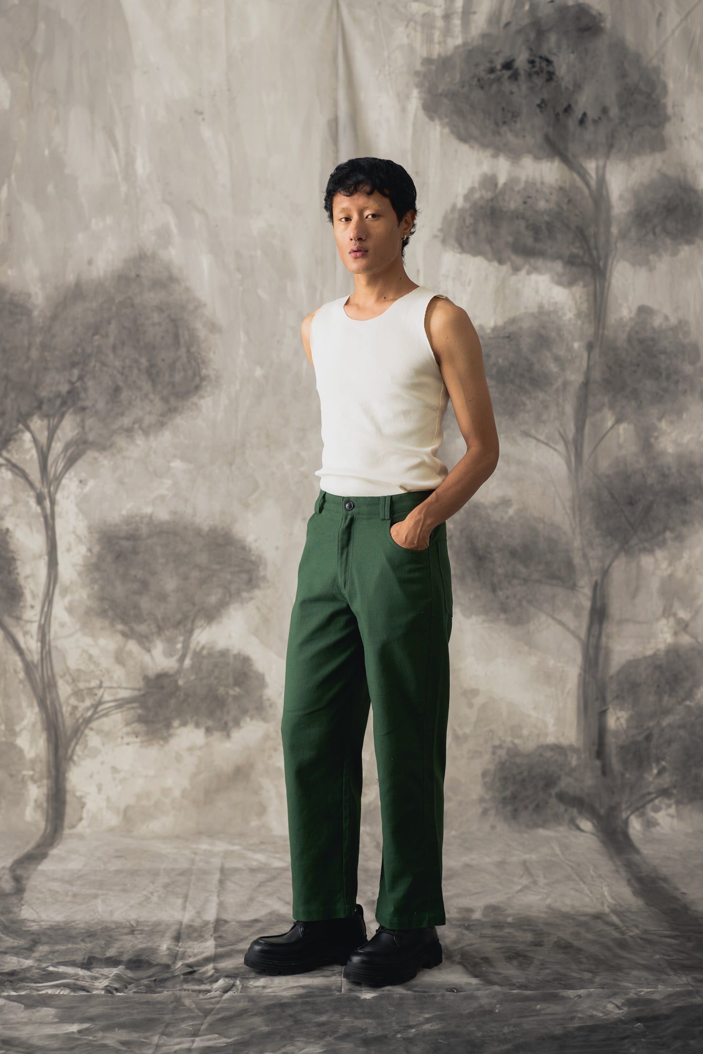 Green Linen Wide Trousers - Men