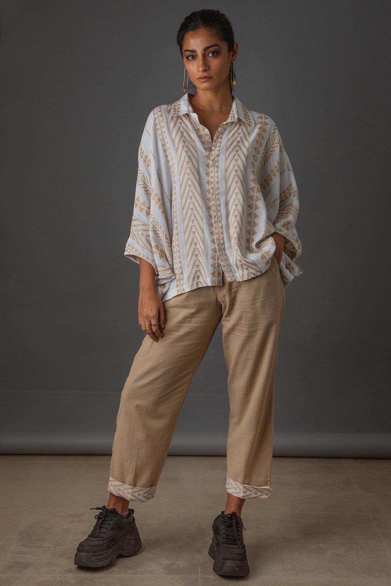 Embroidered Beige Classic Pants