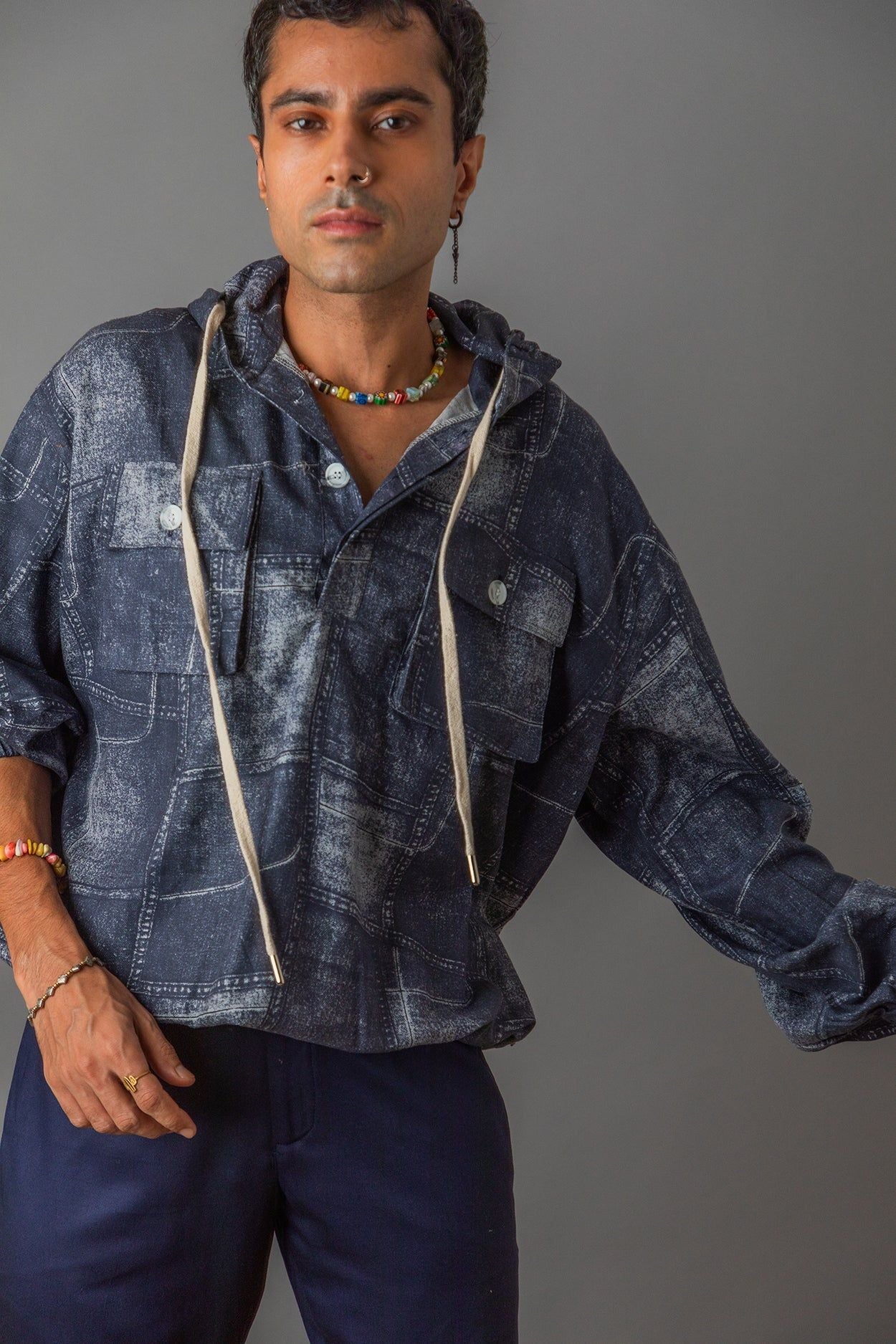 Acid Wash Blue Hooded Shirt