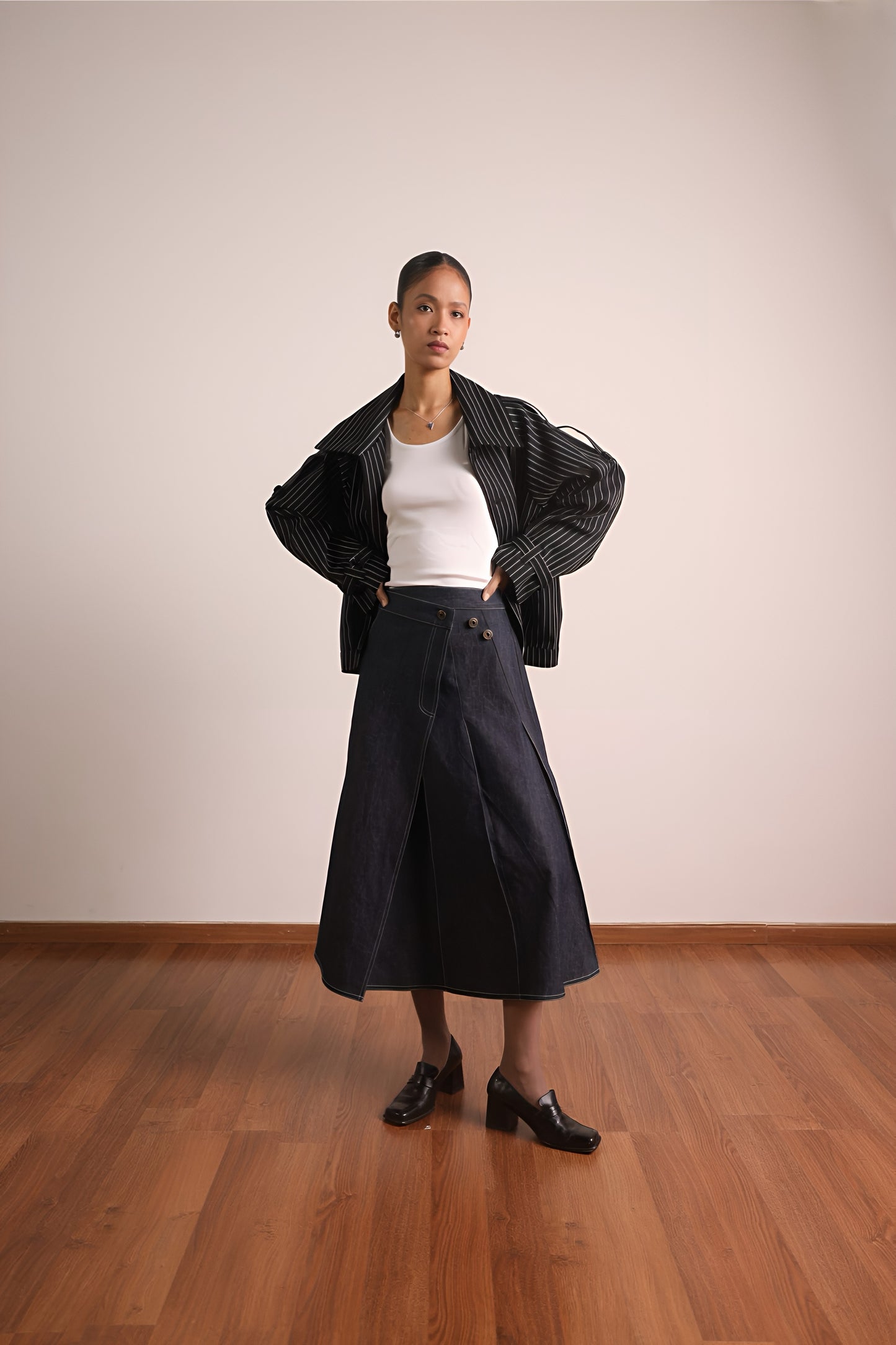 Pleated Wraparound Denim Skirt