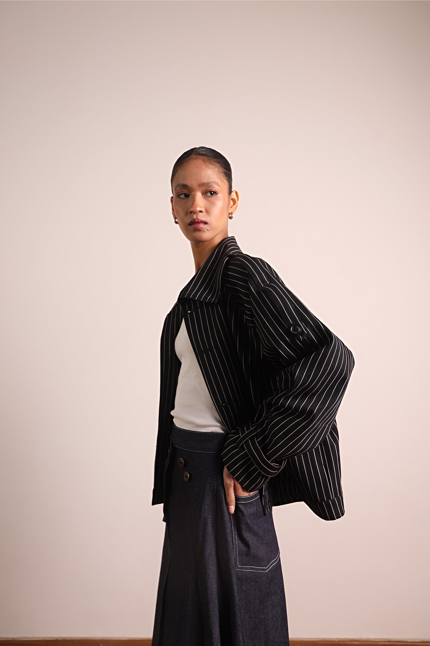 Pleated Wraparound Denim Skirt