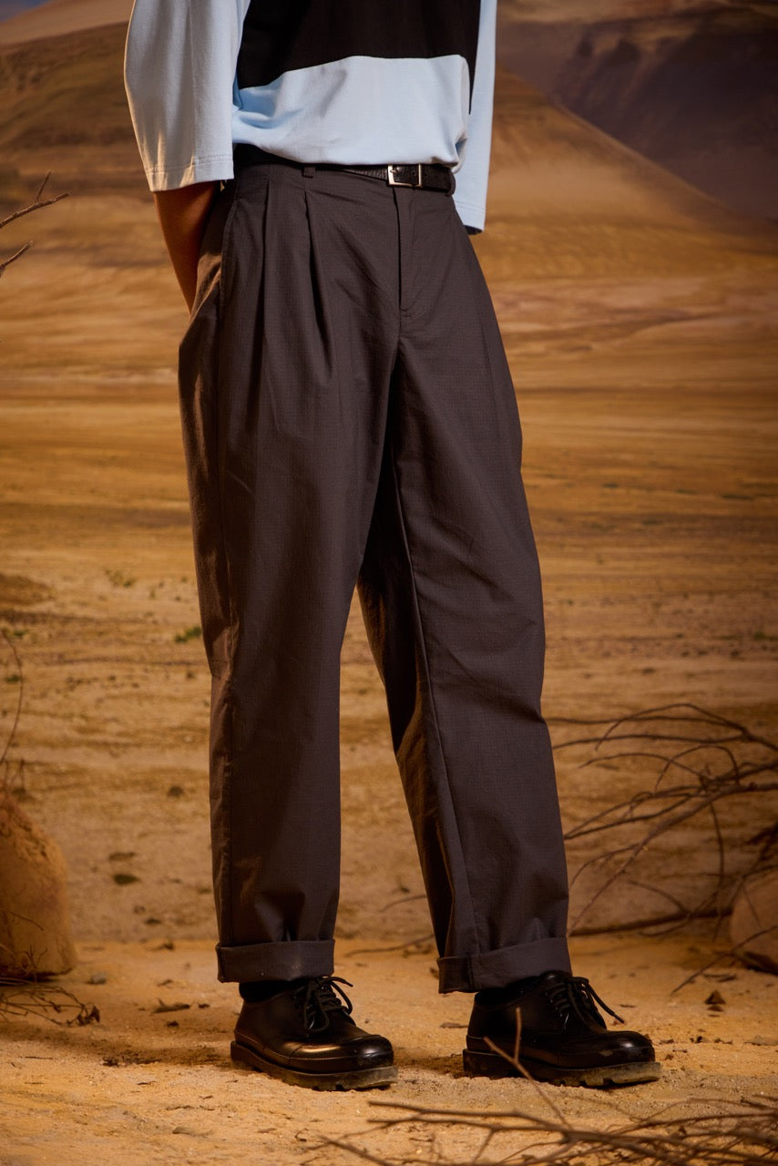 Wide Double Pleated Trousers - Ripstop Grey