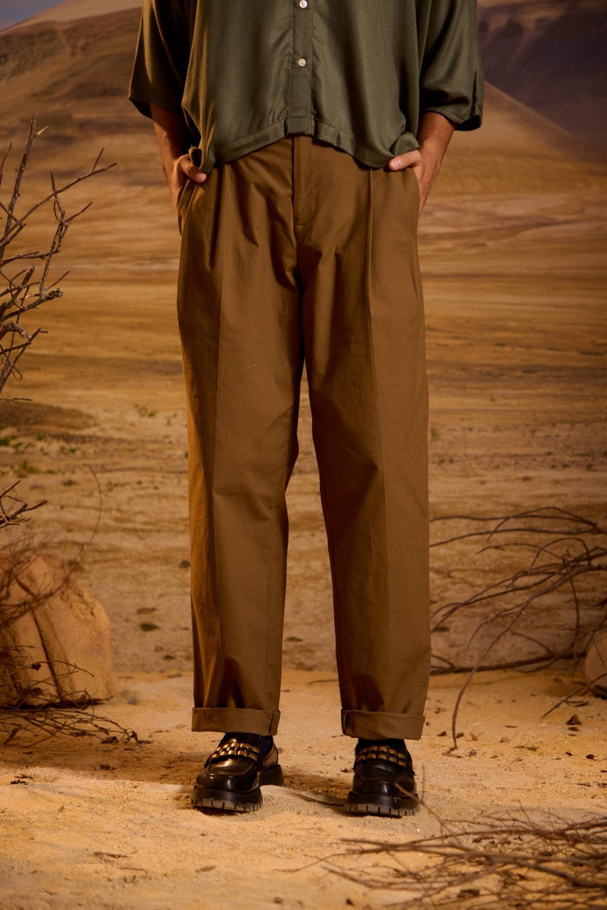 Wide Double Pleated Trousers - Brown