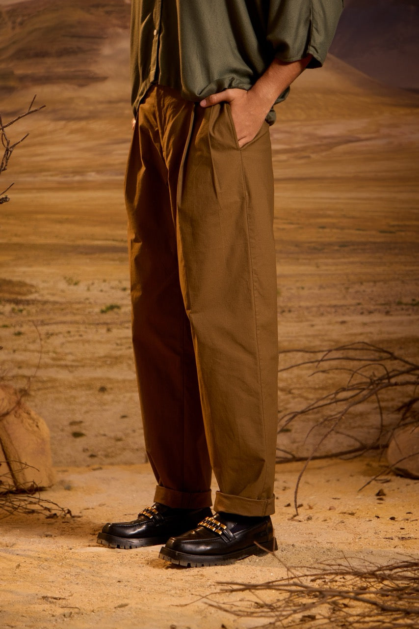 Wide Double Pleated Trousers - Brown