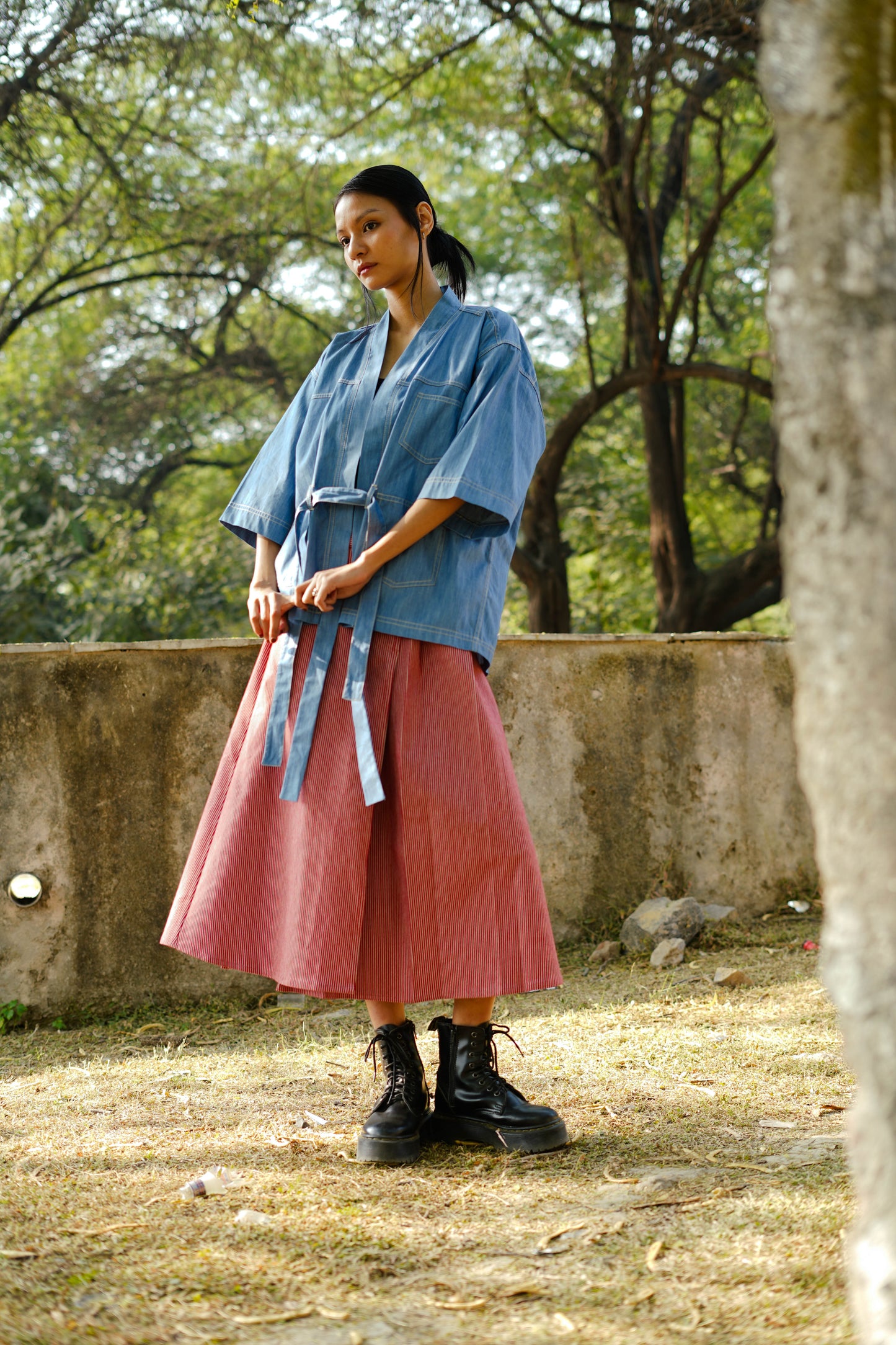 Strawberry Denim Striped Wraparound Skirt