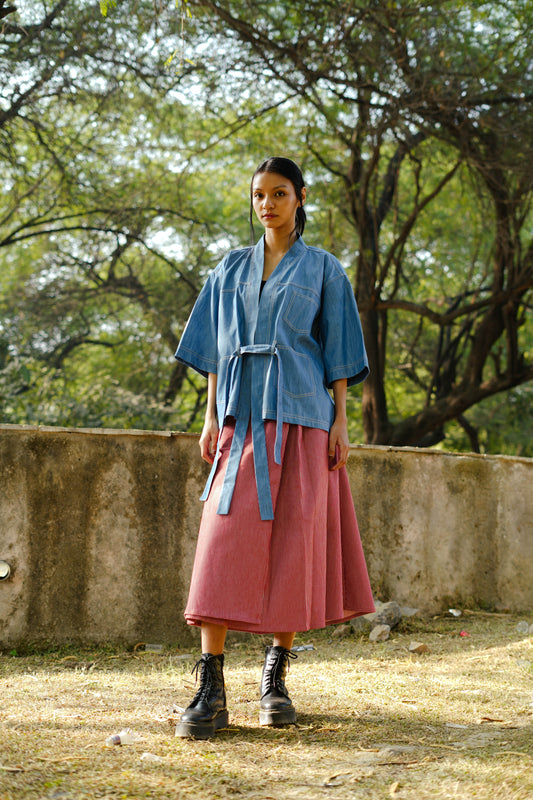 Strawberry Denim Striped Wraparound Skirt