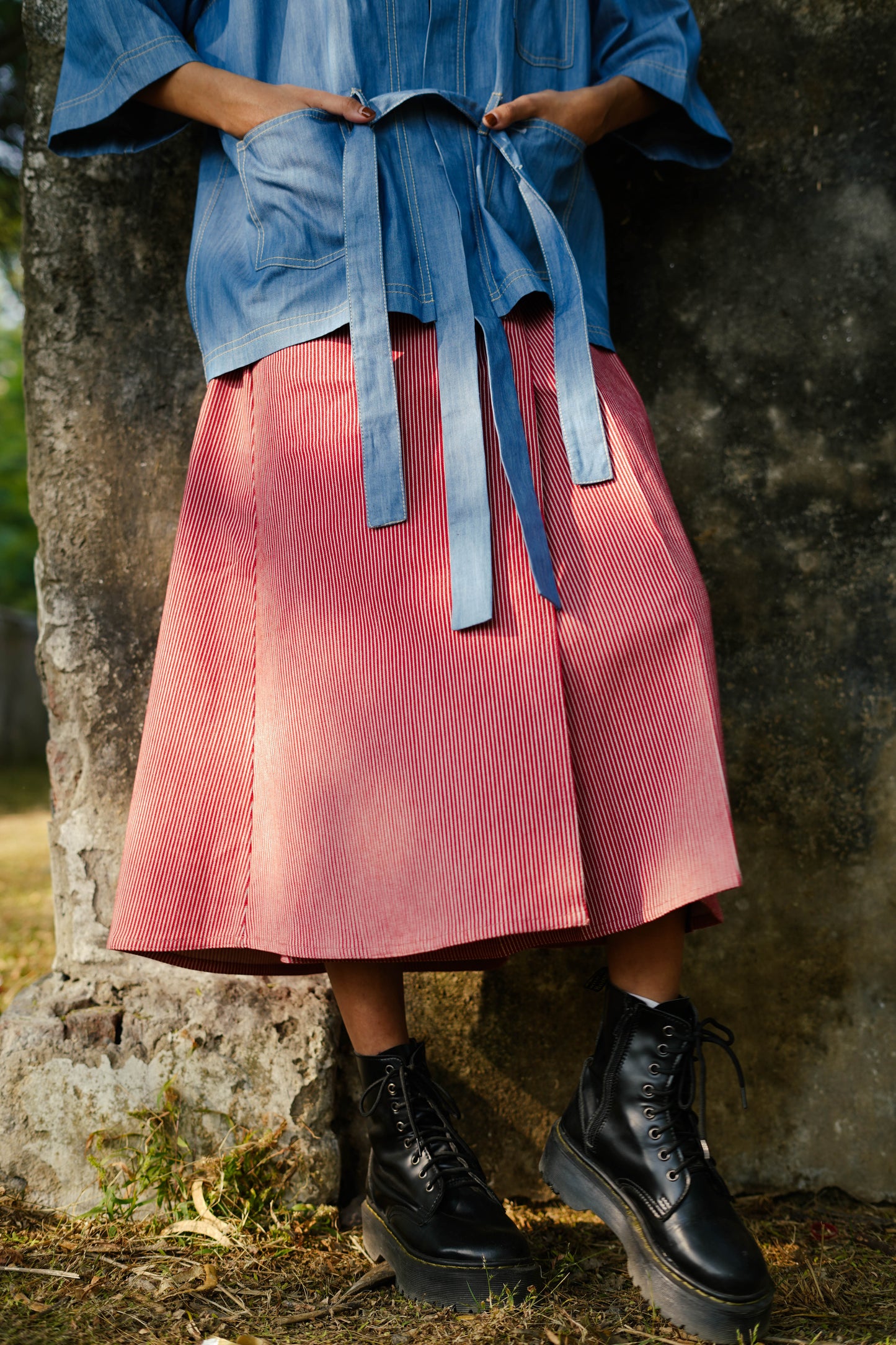 Strawberry Denim Striped Wraparound Skirt