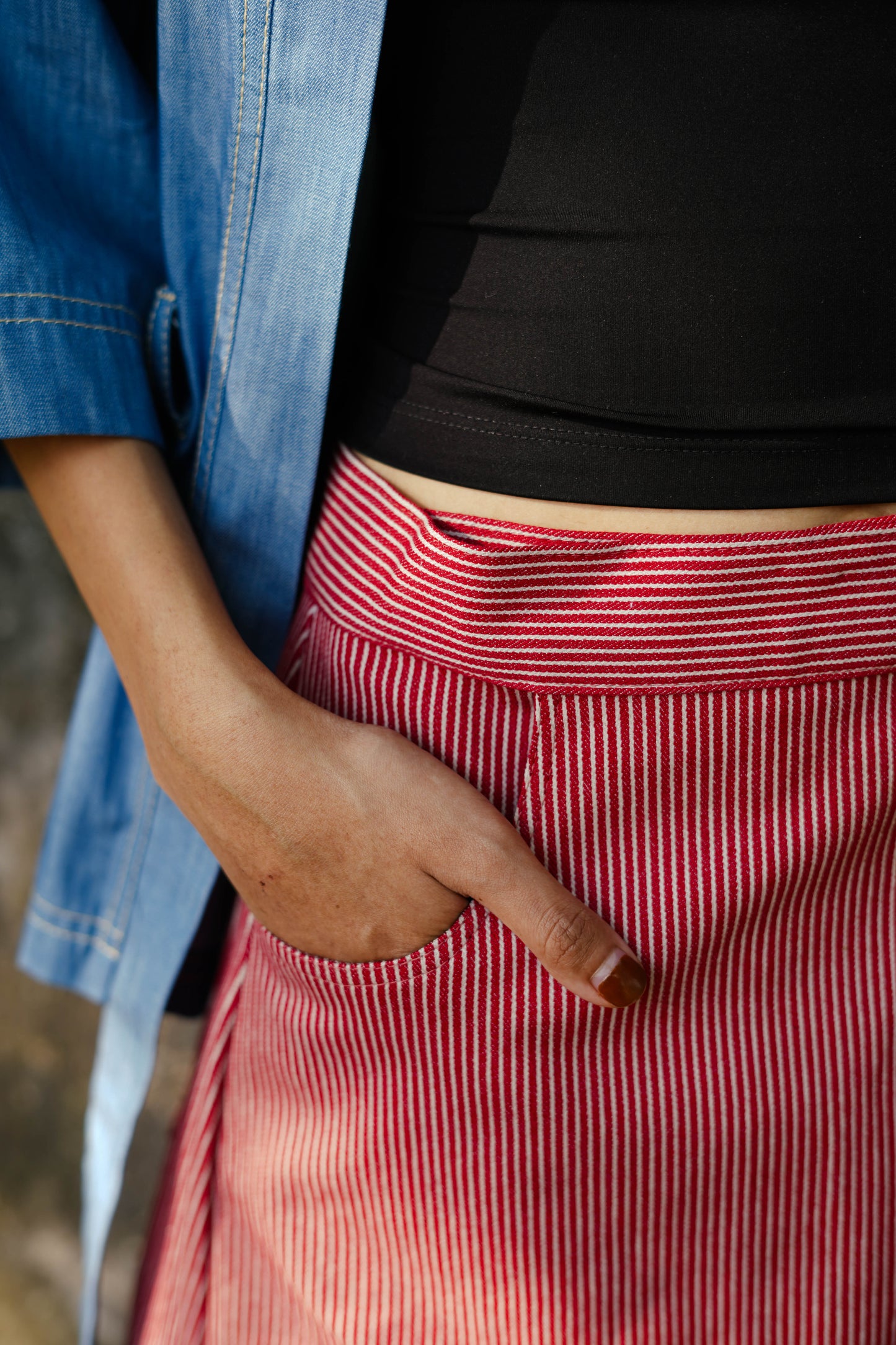 Strawberry Denim Striped Wraparound Skirt