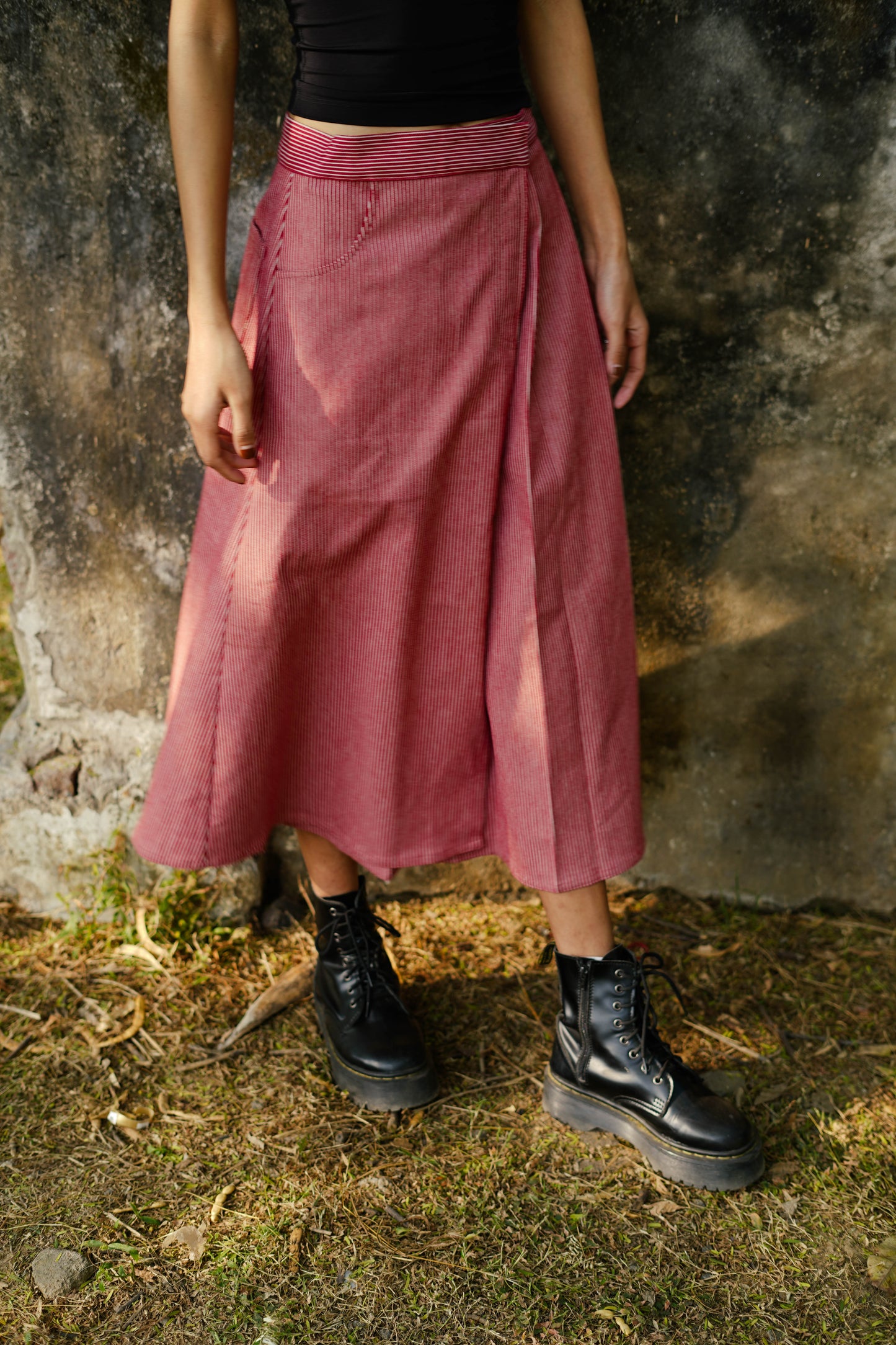 Strawberry Denim Striped Wraparound Skirt