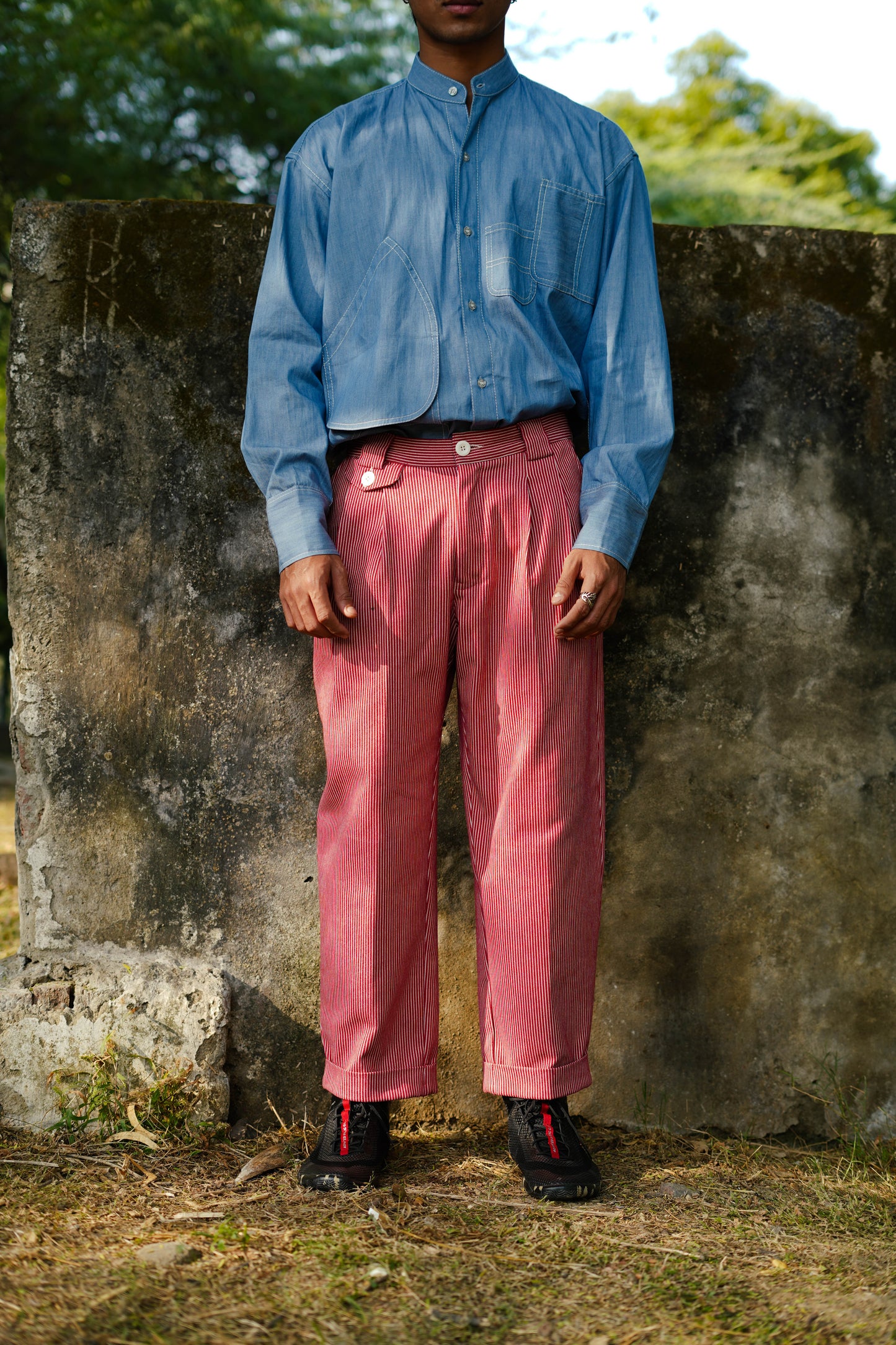 Striped Double Pleated Denim Trousers