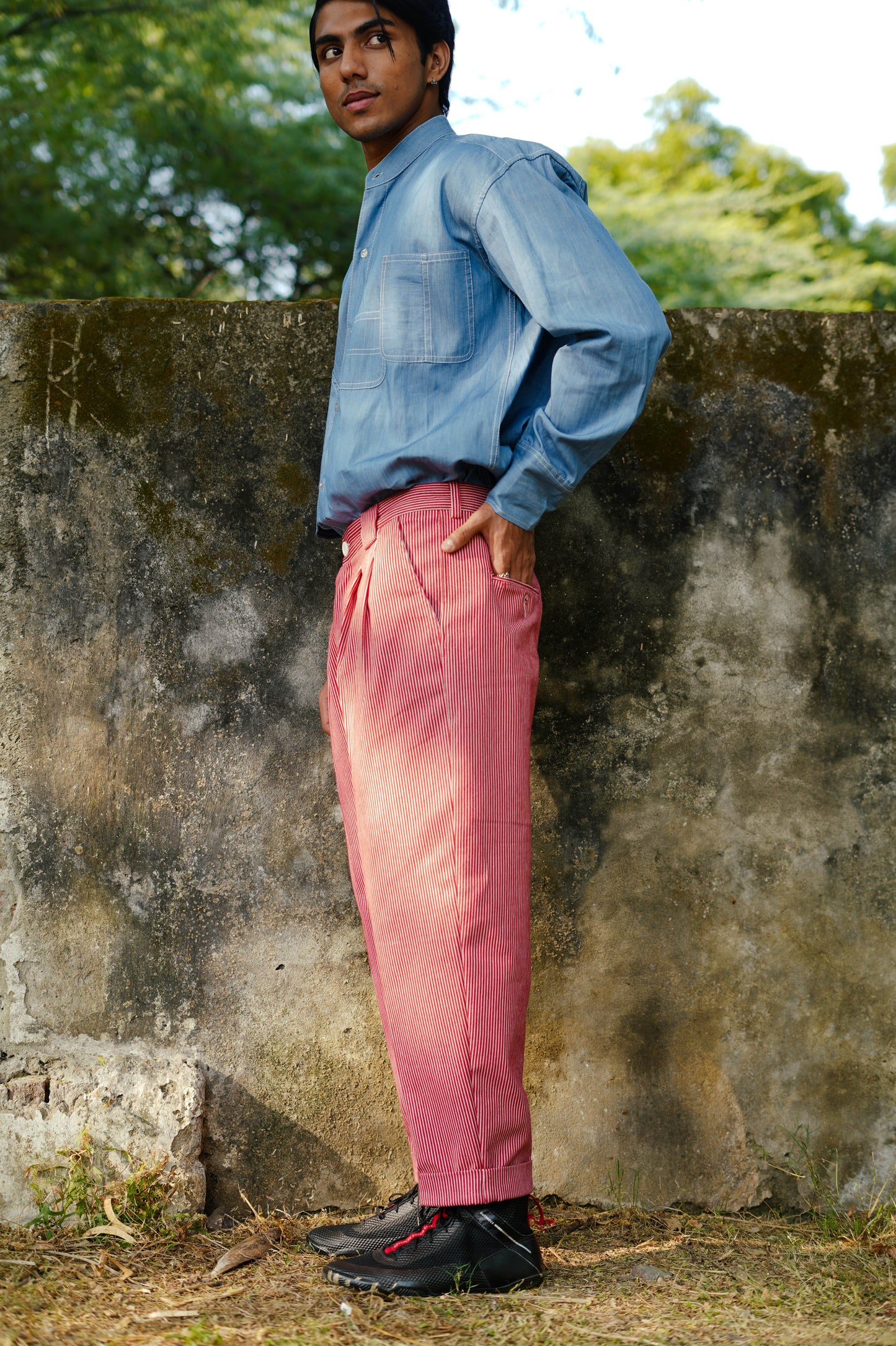 Striped Double Pleated Denim Trousers