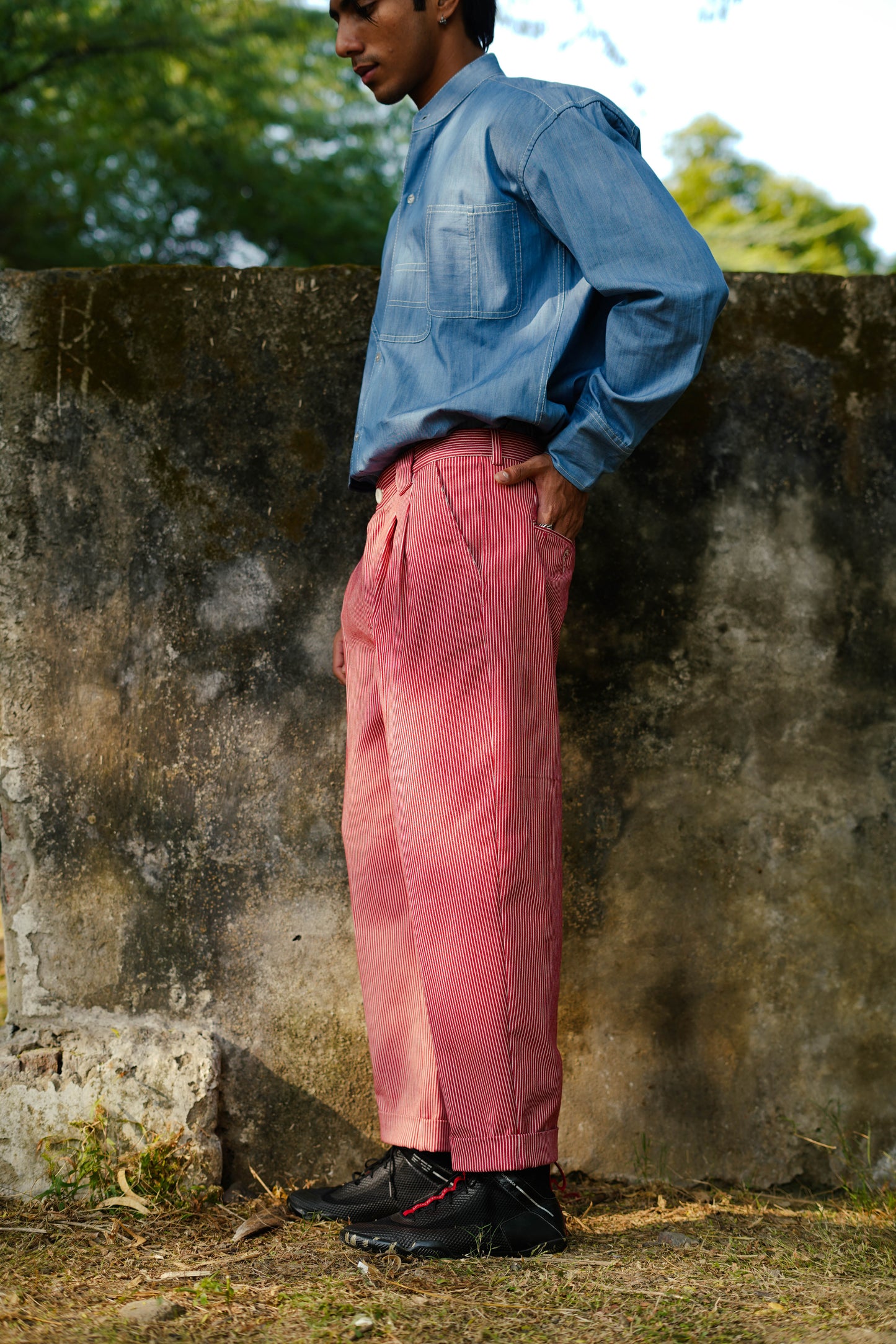 Striped Double Pleated Denim Trousers