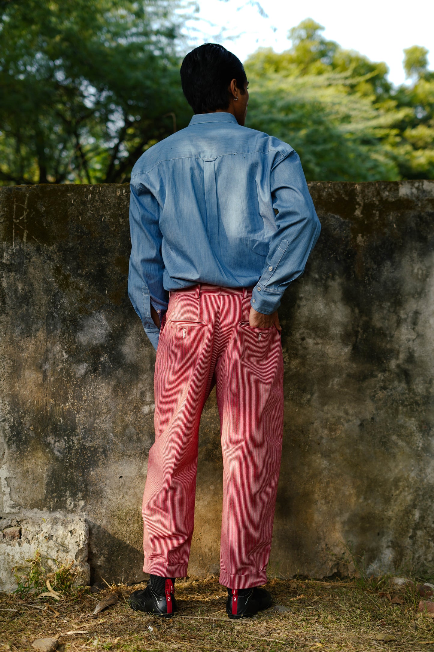 Striped Double Pleated Denim Trousers