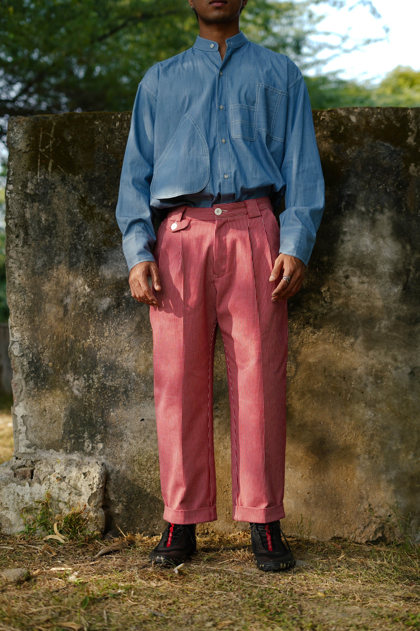 Striped Double Pleated Denim Trousers