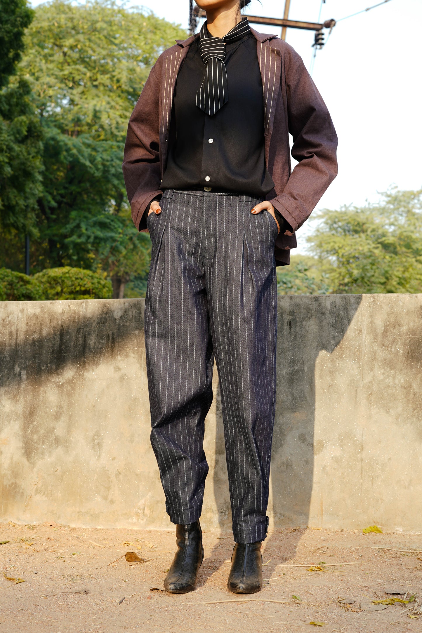 Box Pleated Pinstripe Denim Trousers