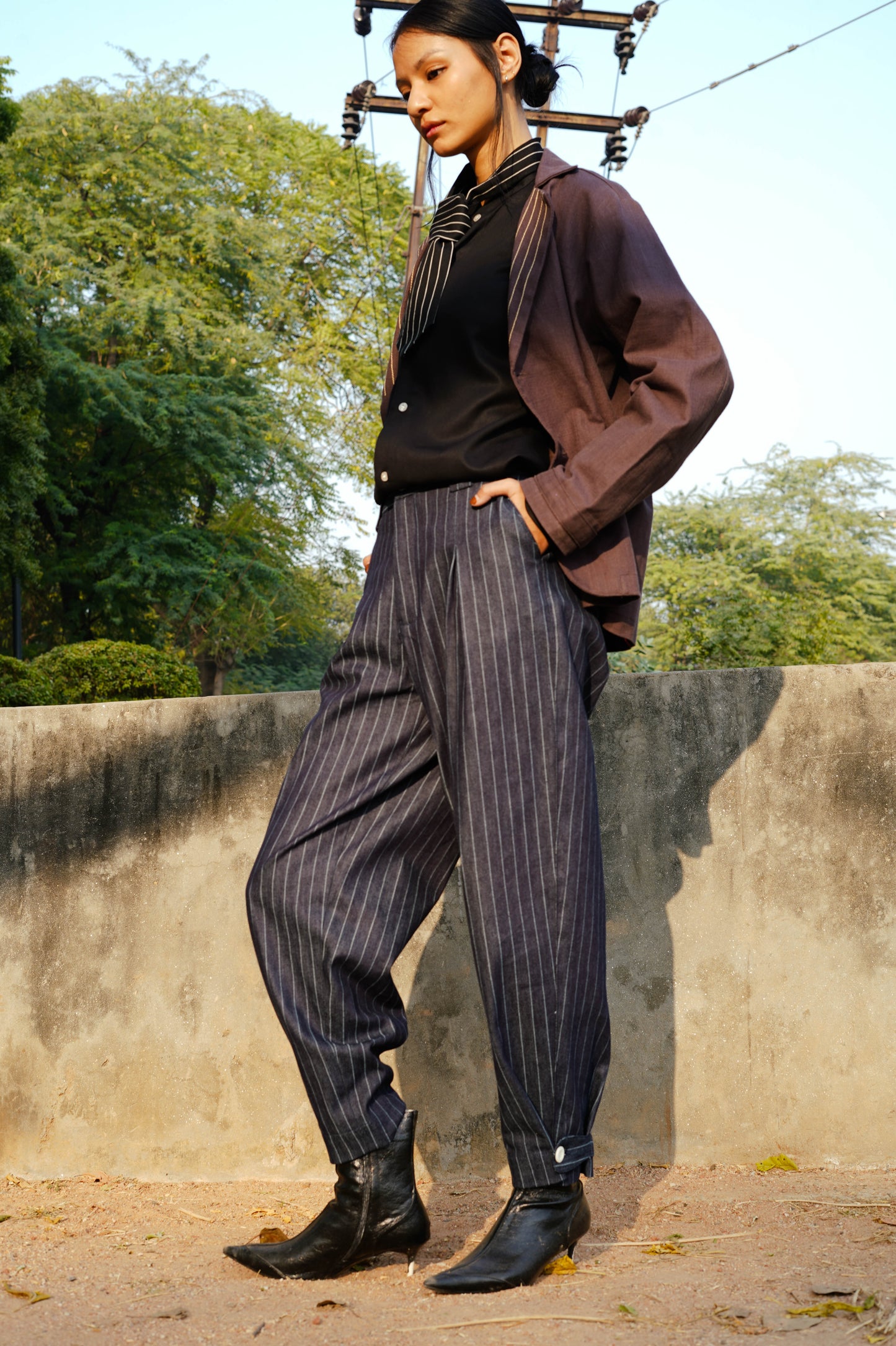 Box Pleated Pinstripe Denim Trousers