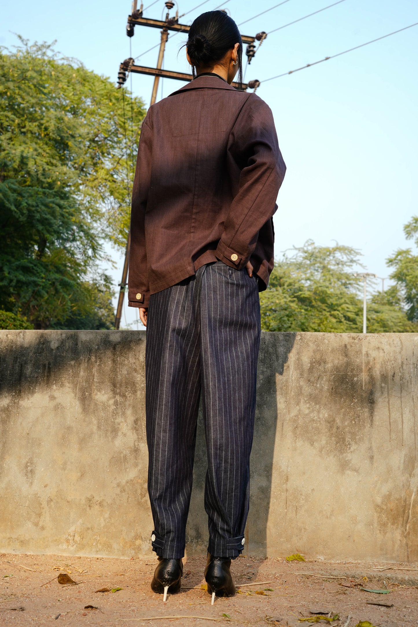 Box Pleated Pinstripe Denim Trousers