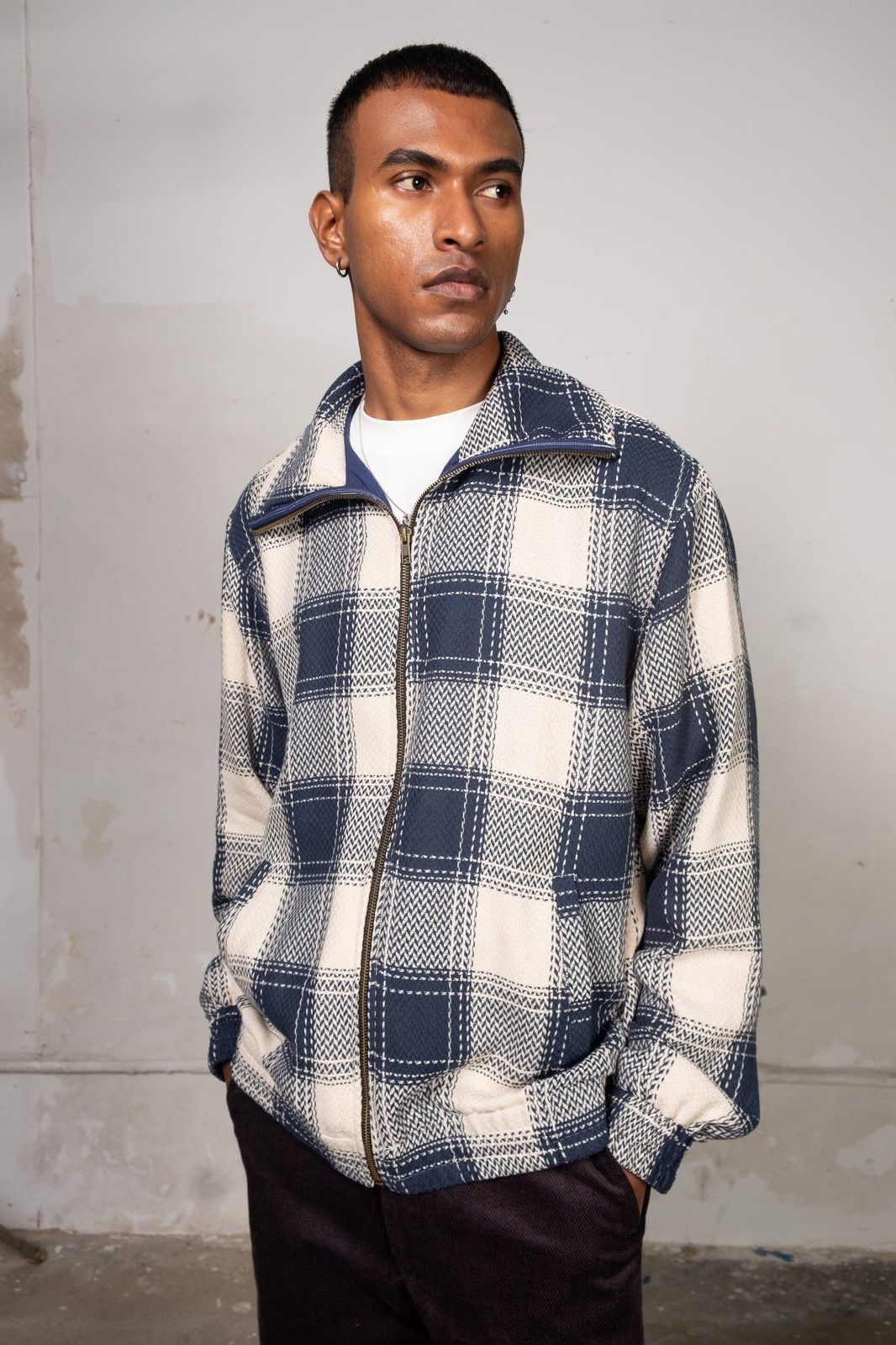 White and Blue Checked cowled collar jacket