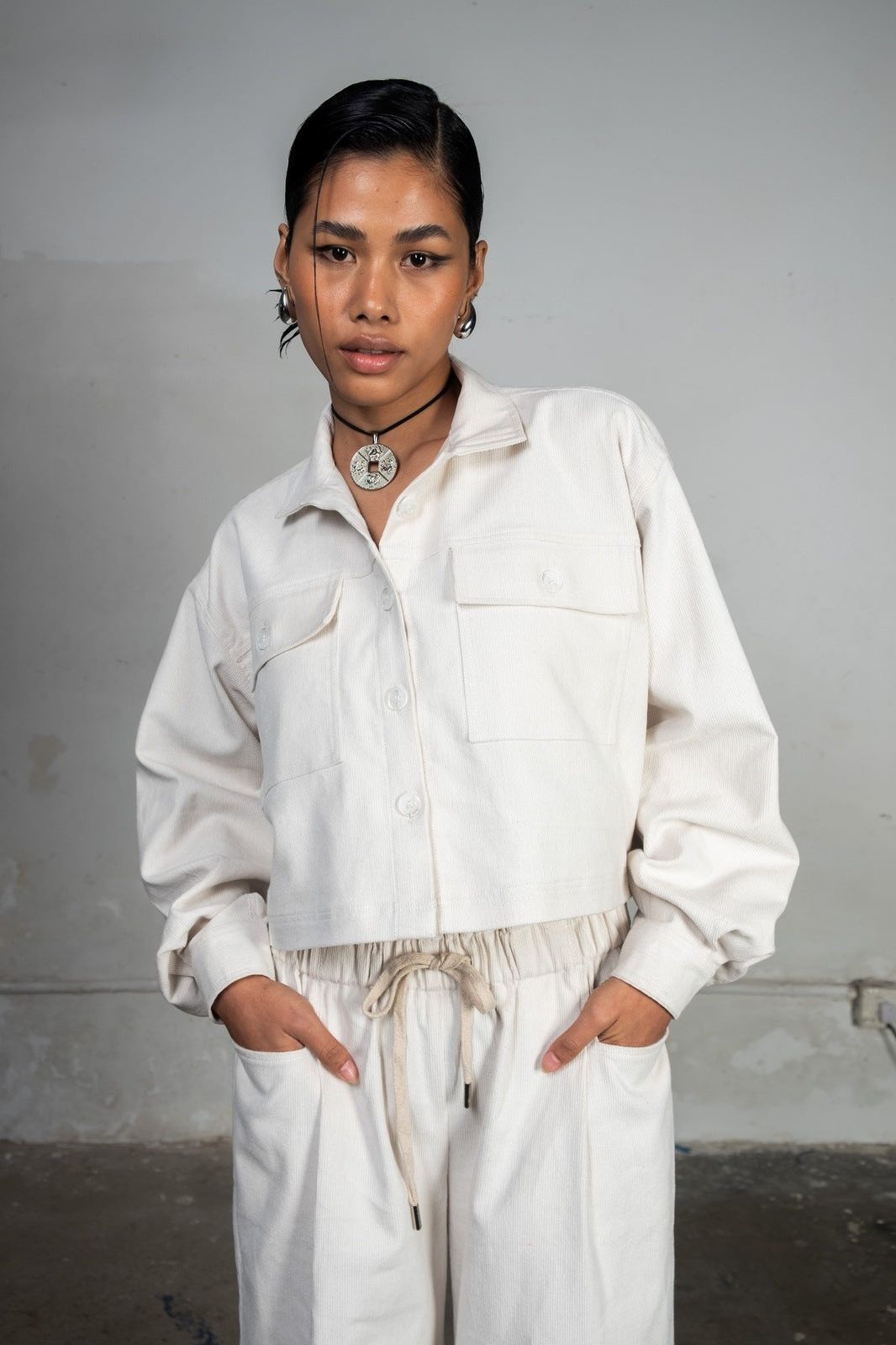 White Cropped Corduroy Shirt