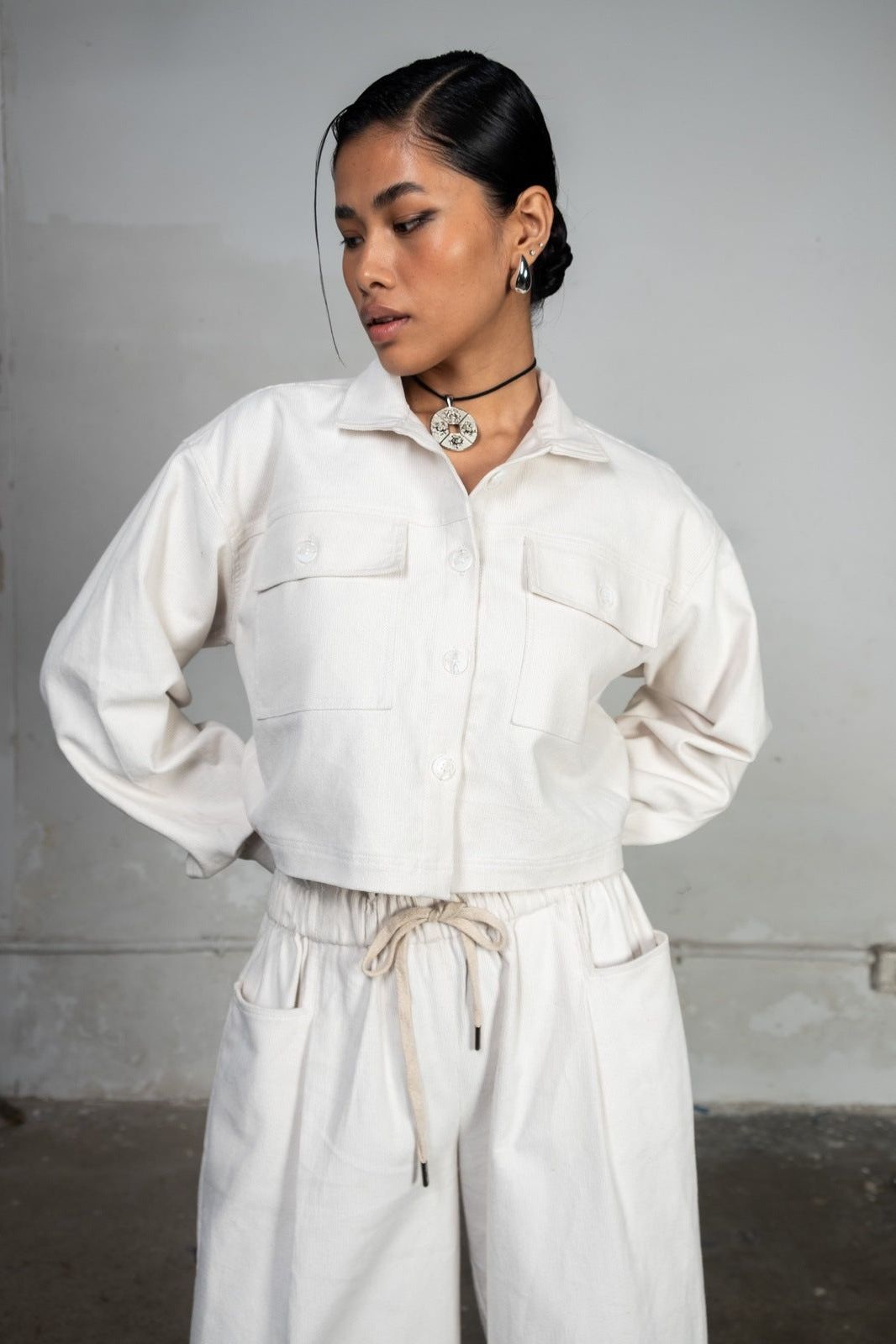 White Cropped Corduroy Shirt