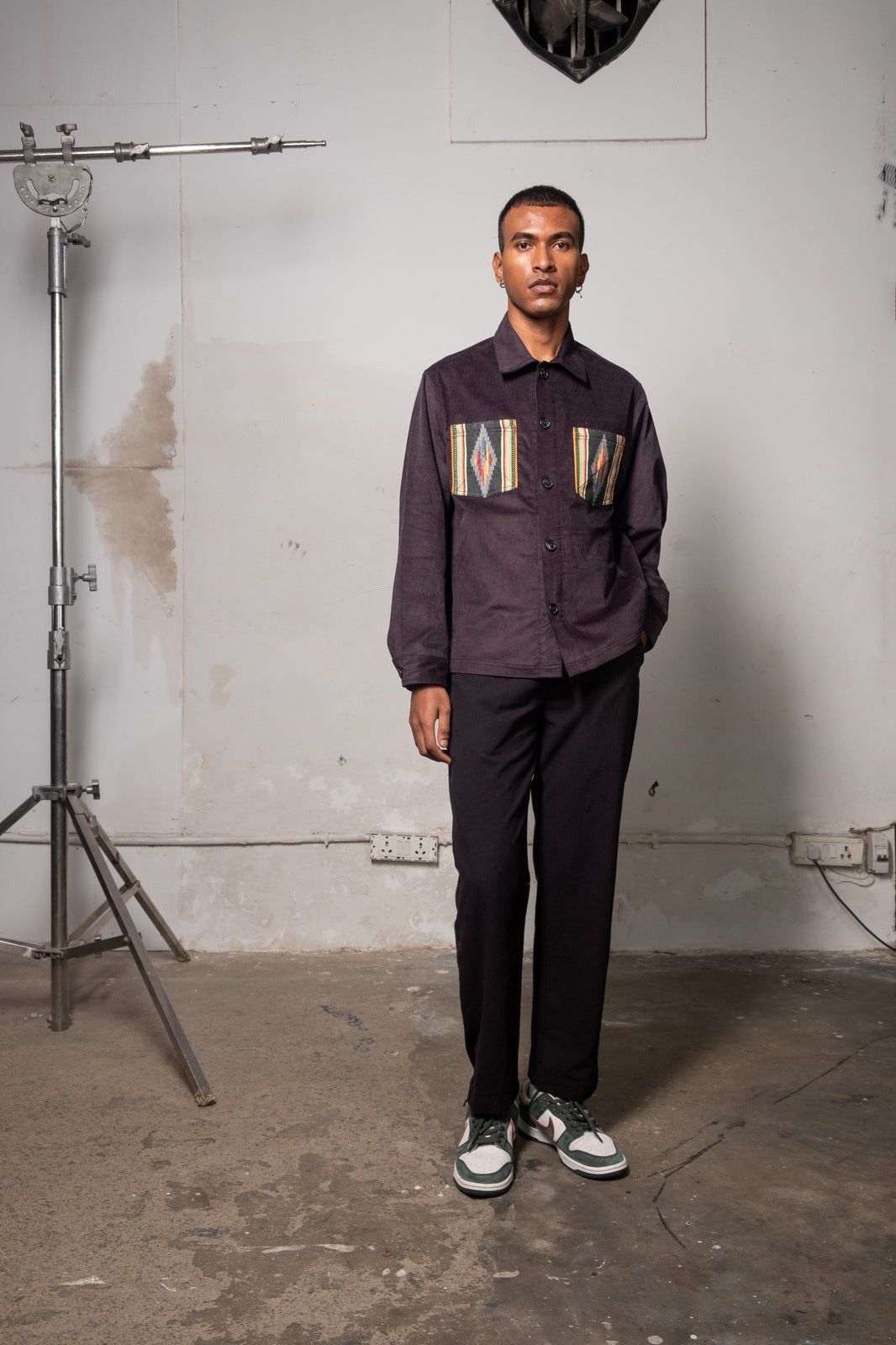 Dark Grey Corduroy Shirt with Ikat Pockets