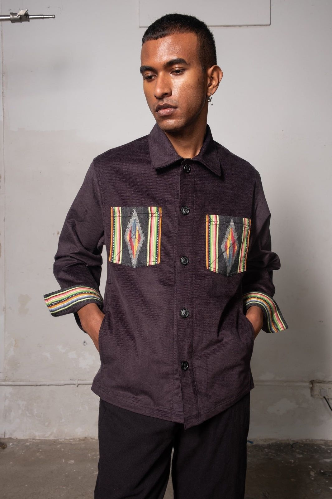 Dark Grey Corduroy Shirt with Ikat Pockets