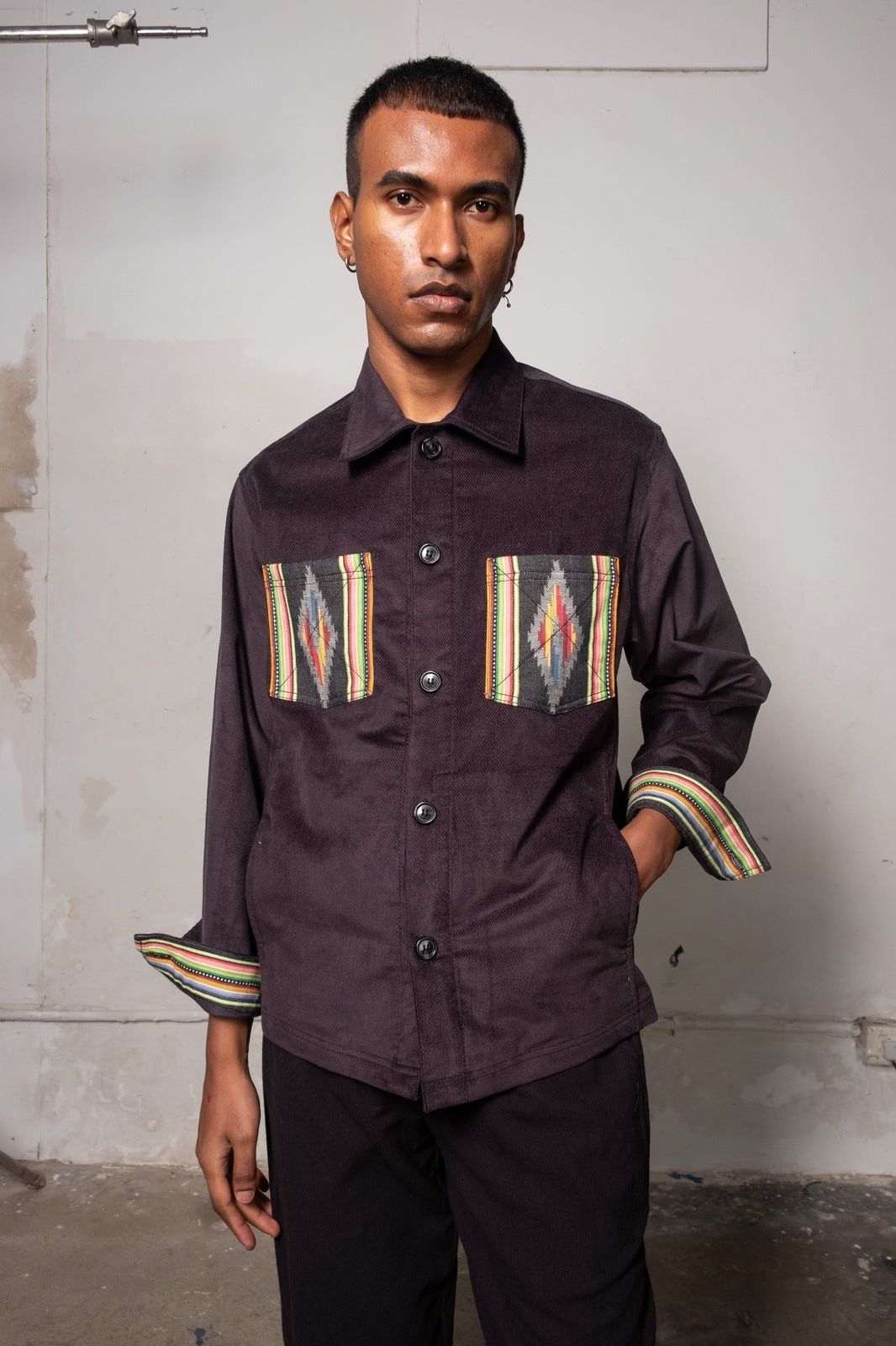 Dark Grey Corduroy Shirt with Ikat Pockets