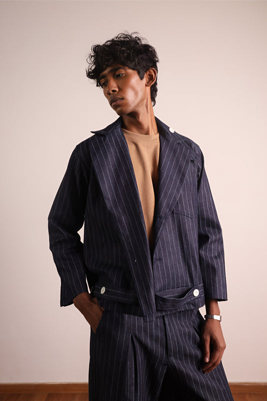 Denim Pinstripe Biker Blazer