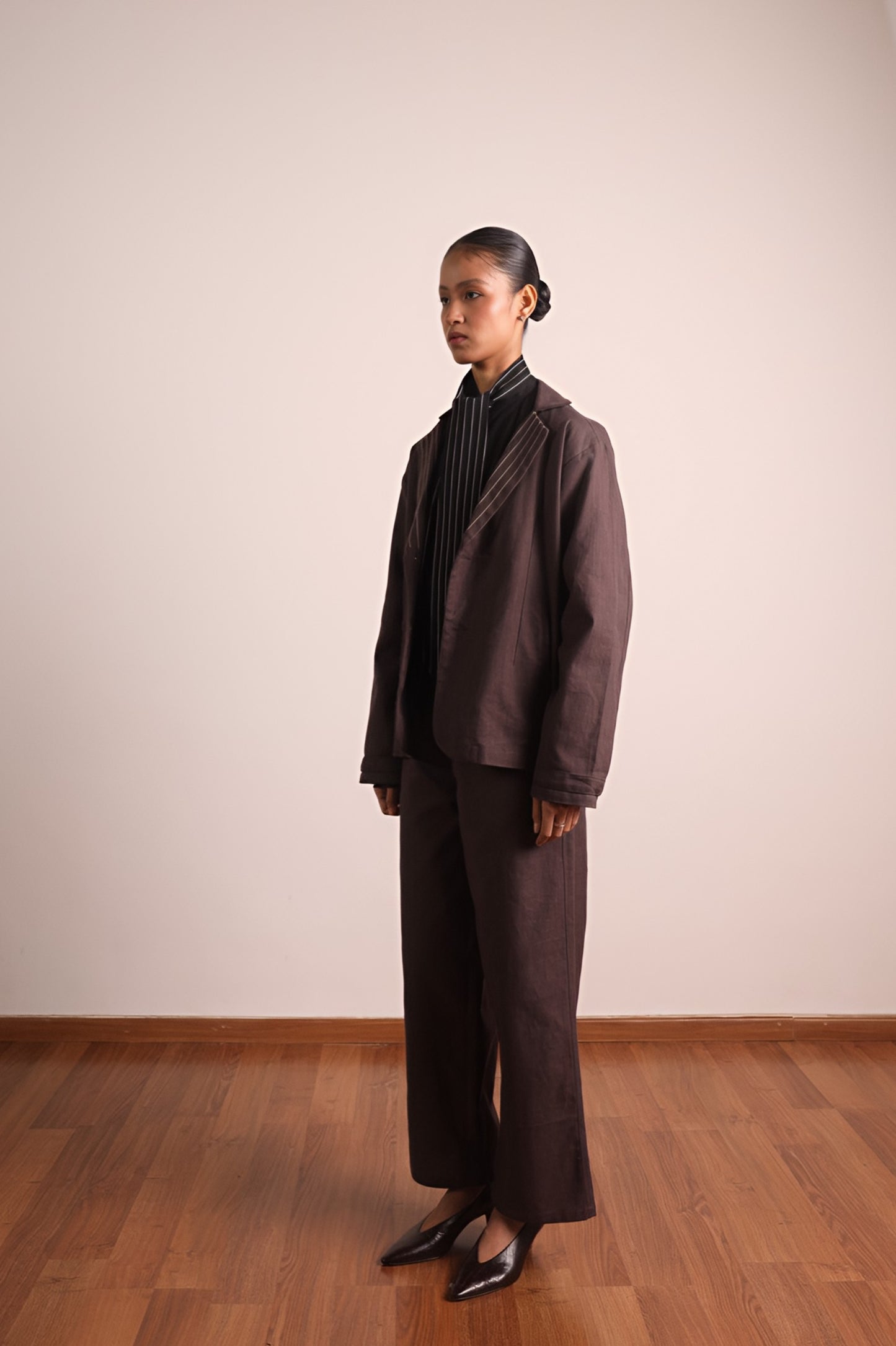 Linen Oversized Blazer with Pinstripe Lapels