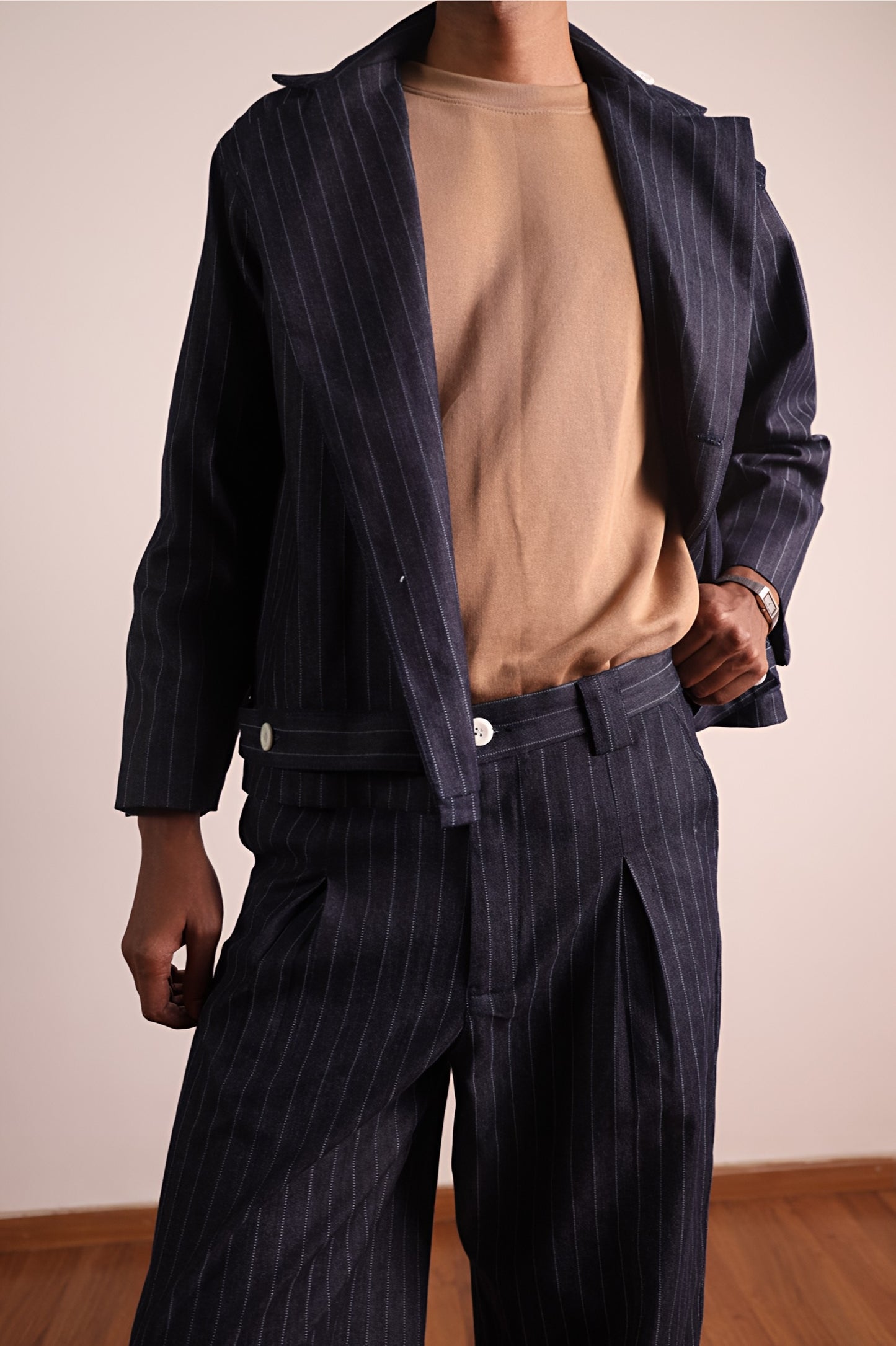 Denim Pinstripe Biker Blazer