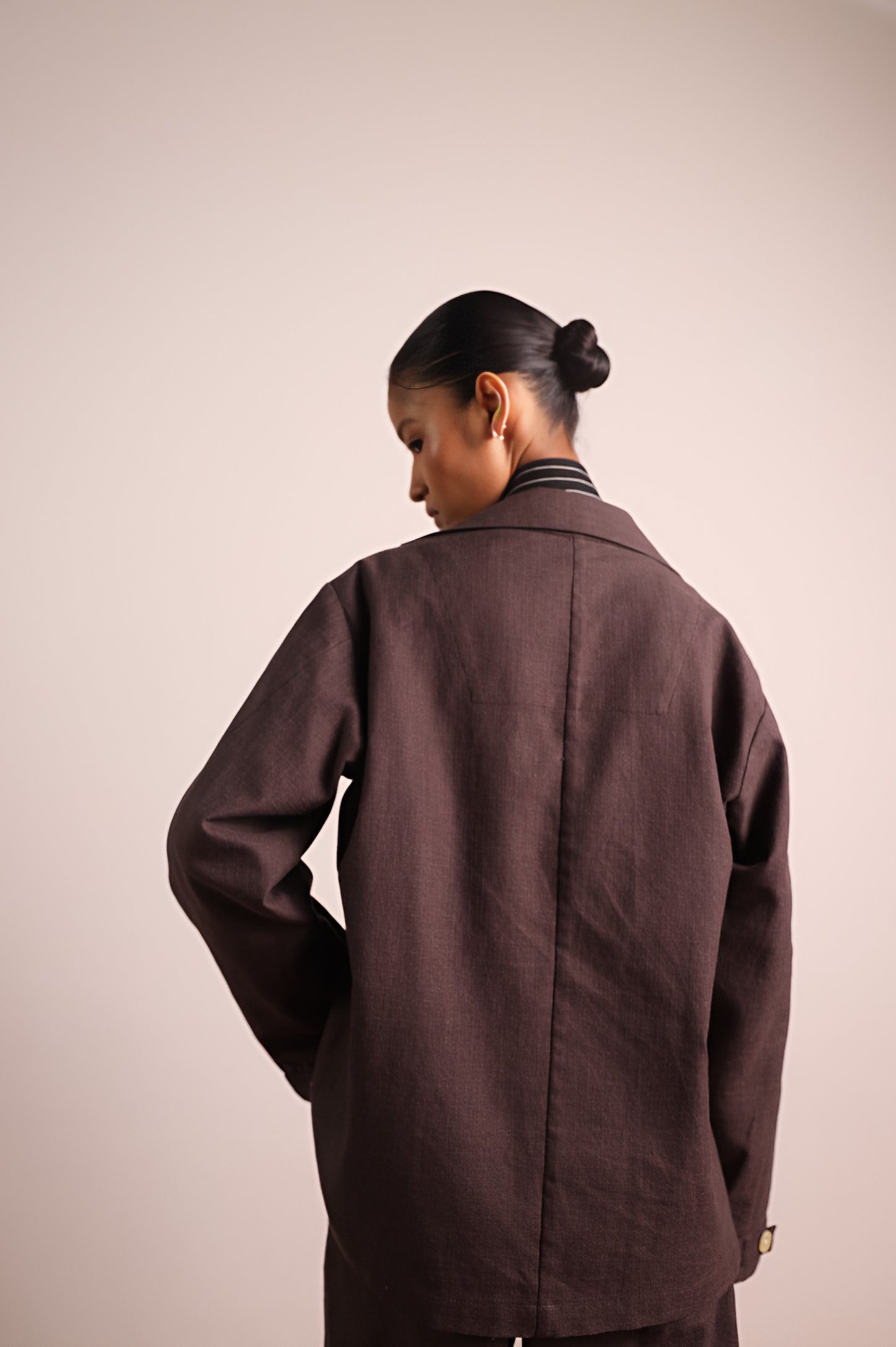 Linen Oversized Blazer with Pinstripe Lapels