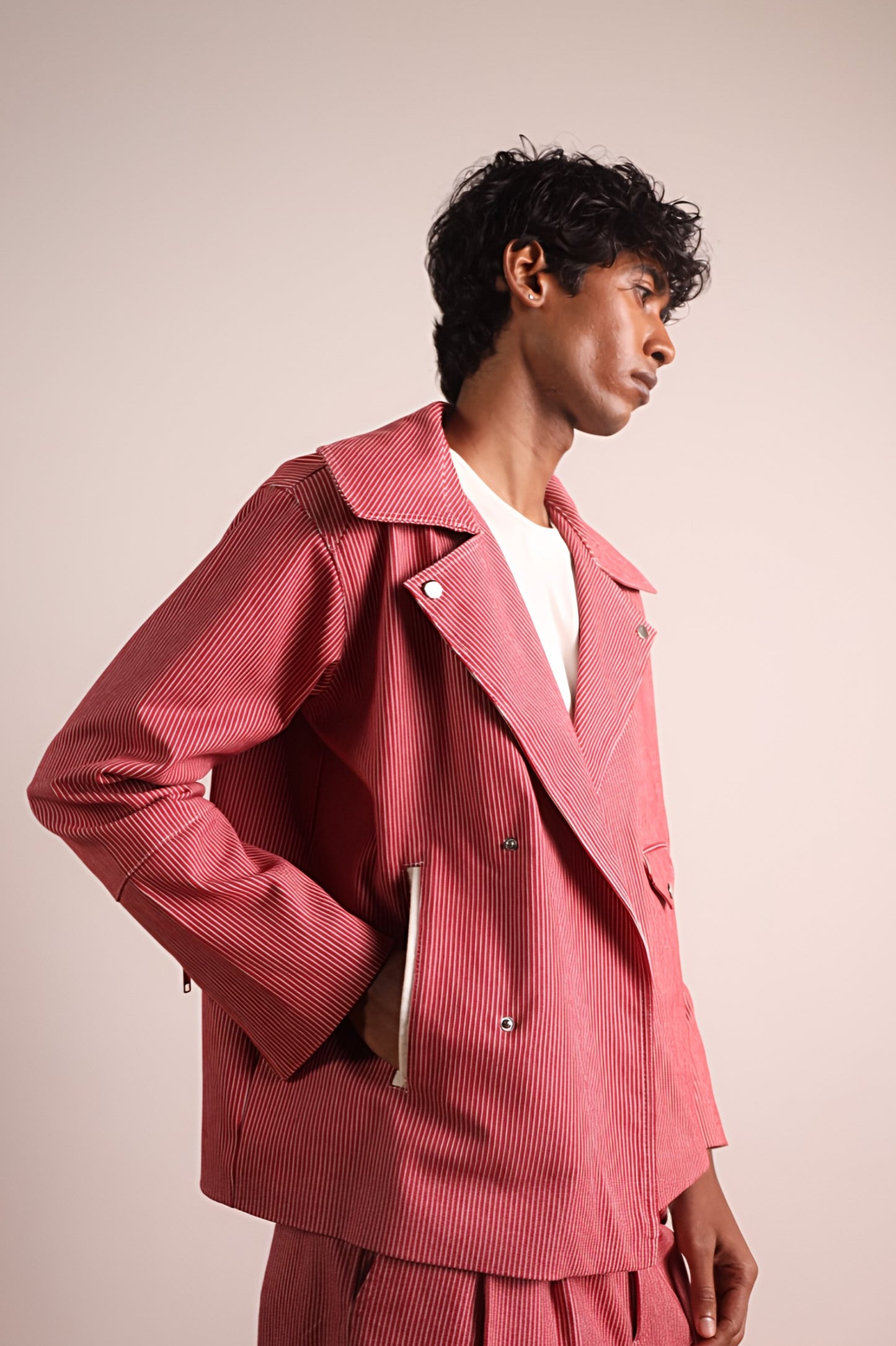 Striped Denim Biker Jacket