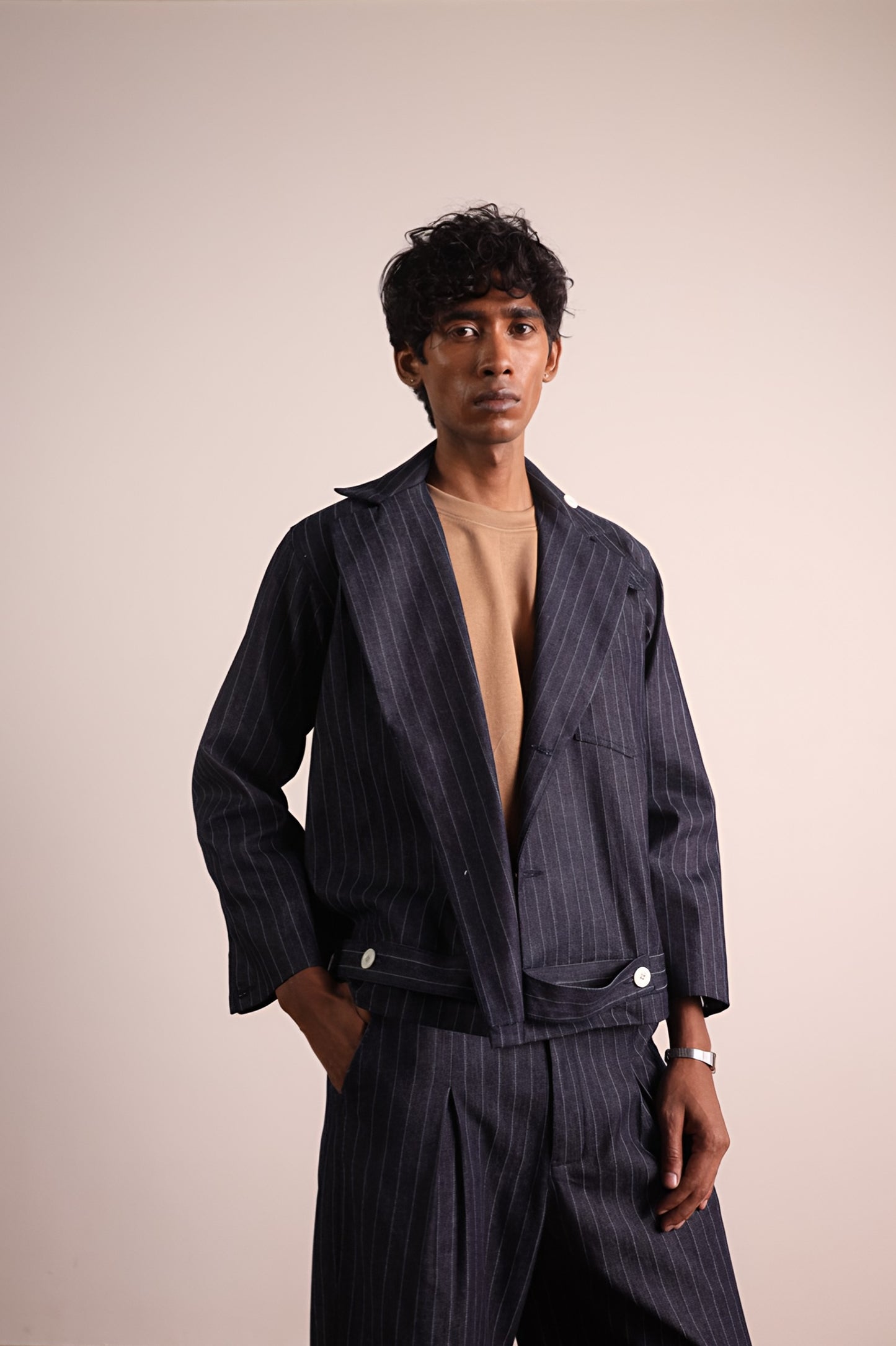 Denim Pinstripe Biker Blazer