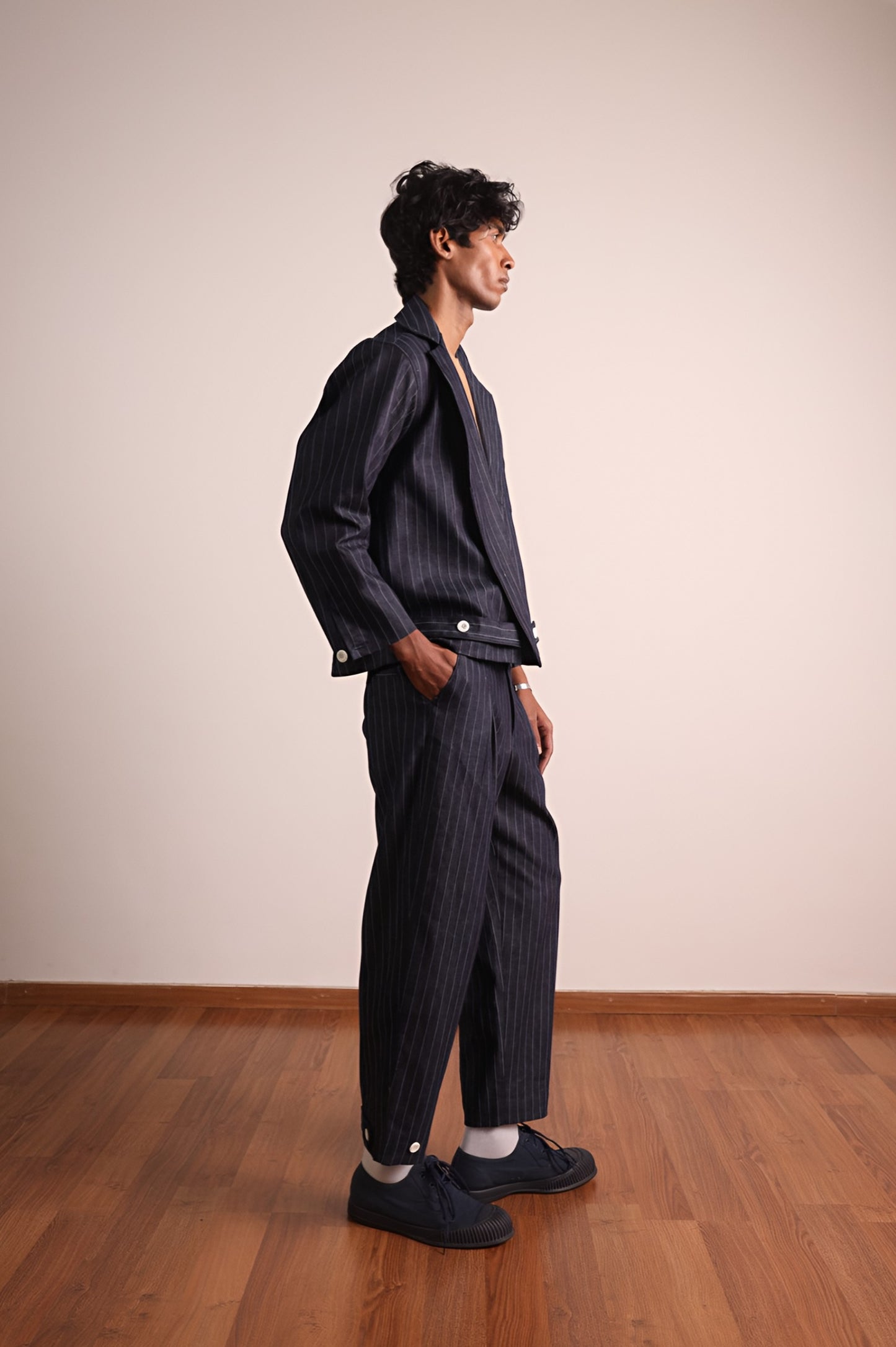 Denim Pinstripe Biker Blazer