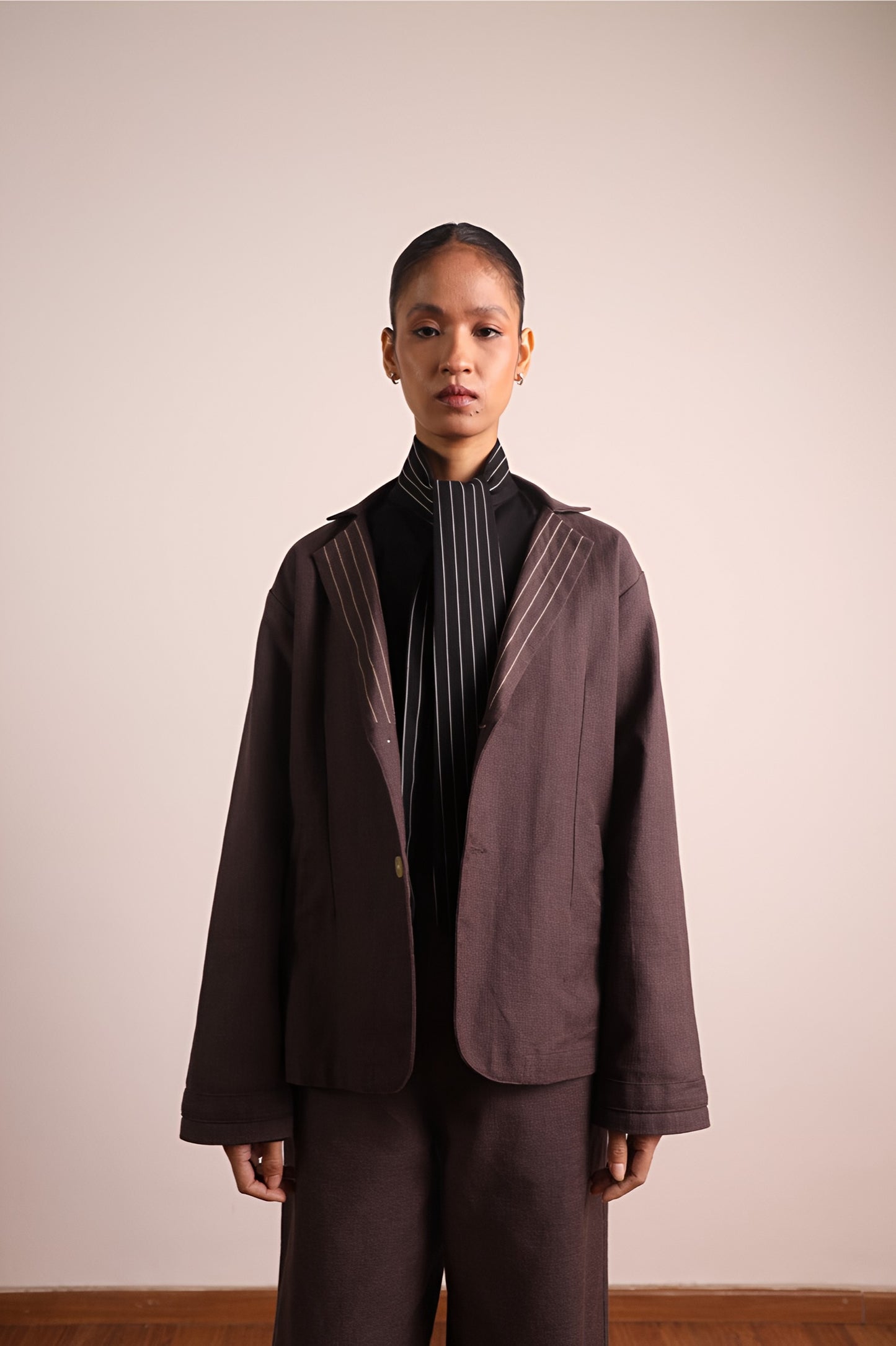 Linen Oversized Blazer with Pinstripe Lapels