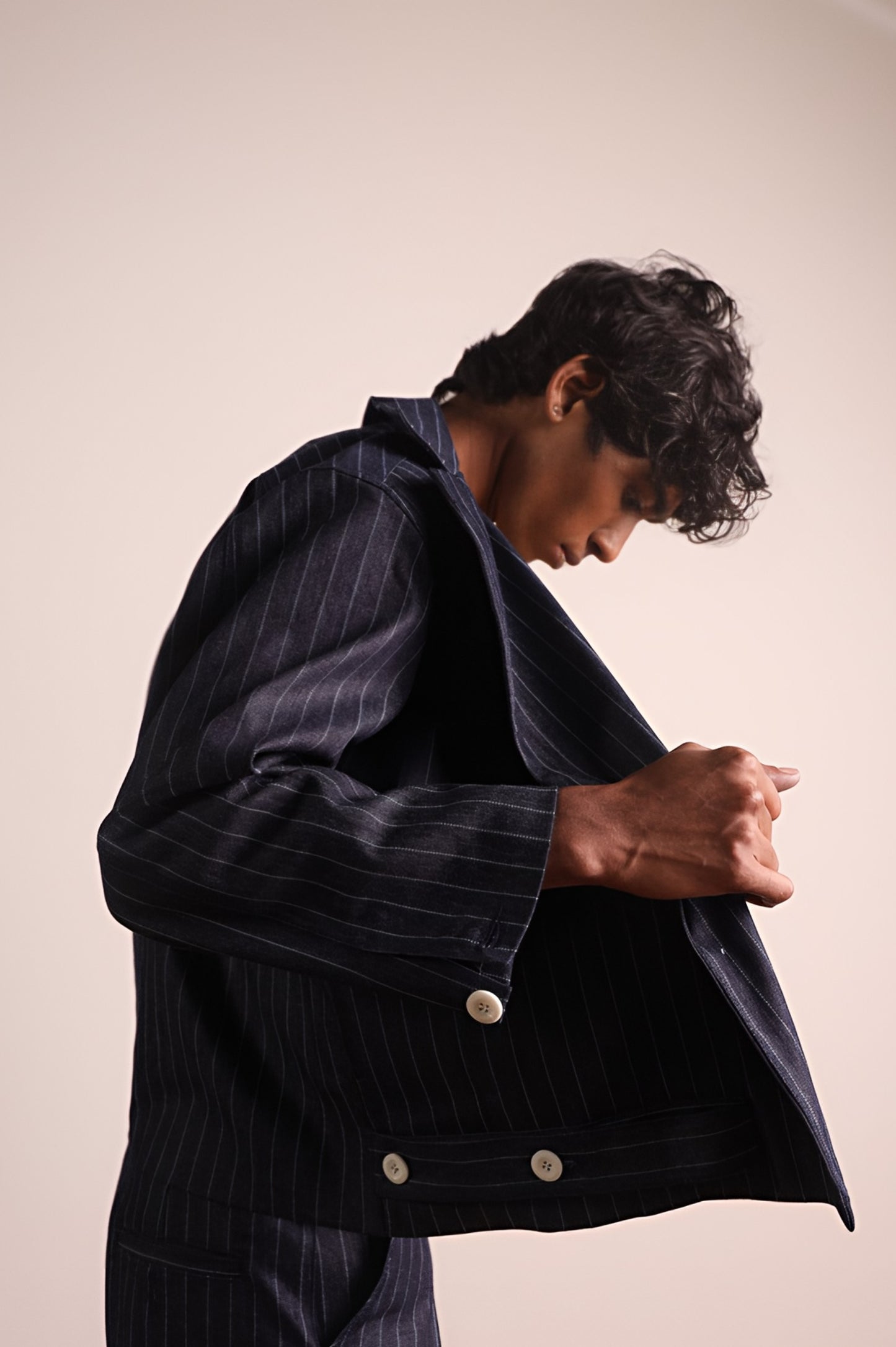 Denim Pinstripe Biker Blazer