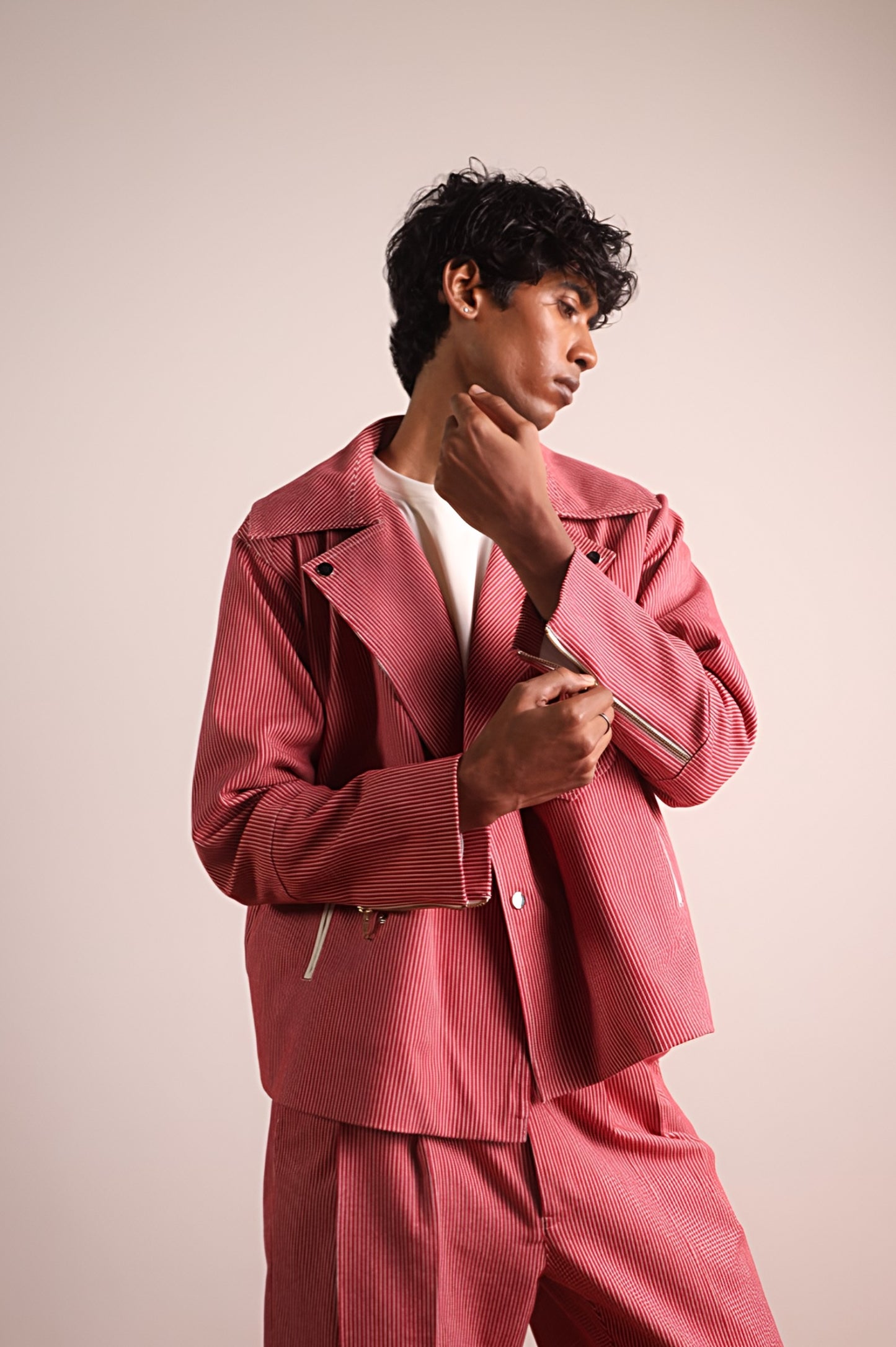 Striped Denim Biker Jacket