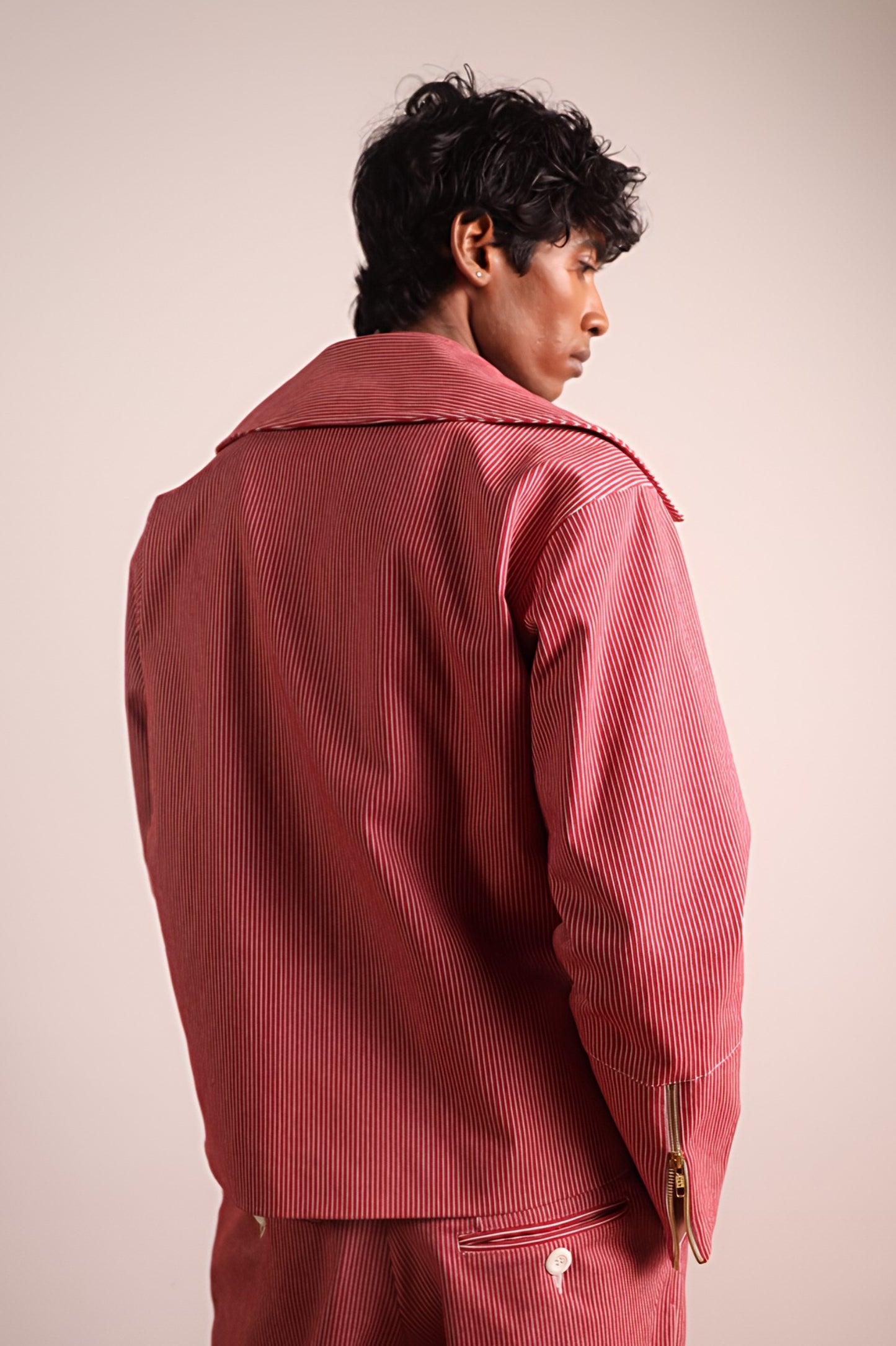 Striped Denim Biker Jacket