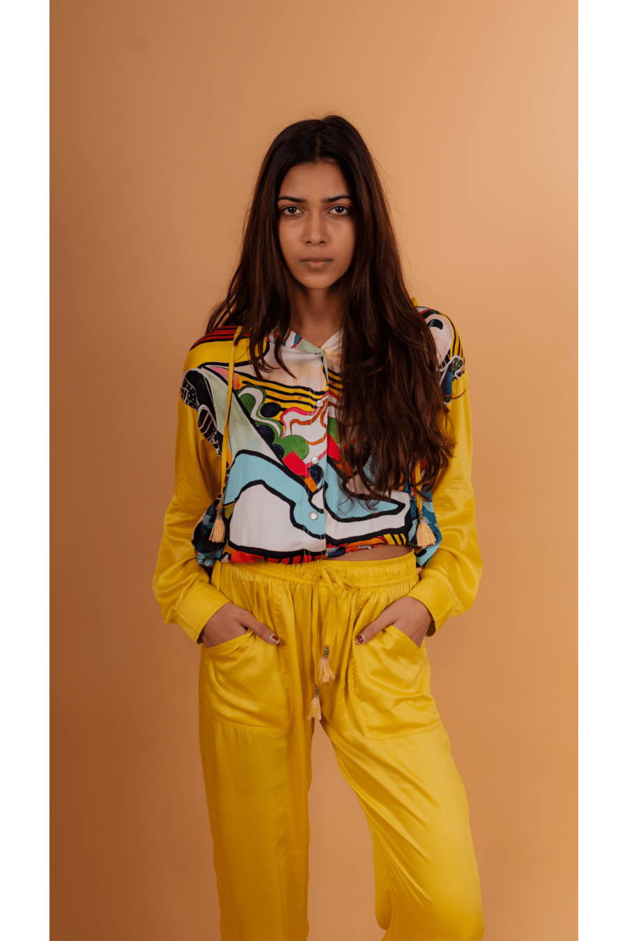 Yellow Cropped Satin Hoodie